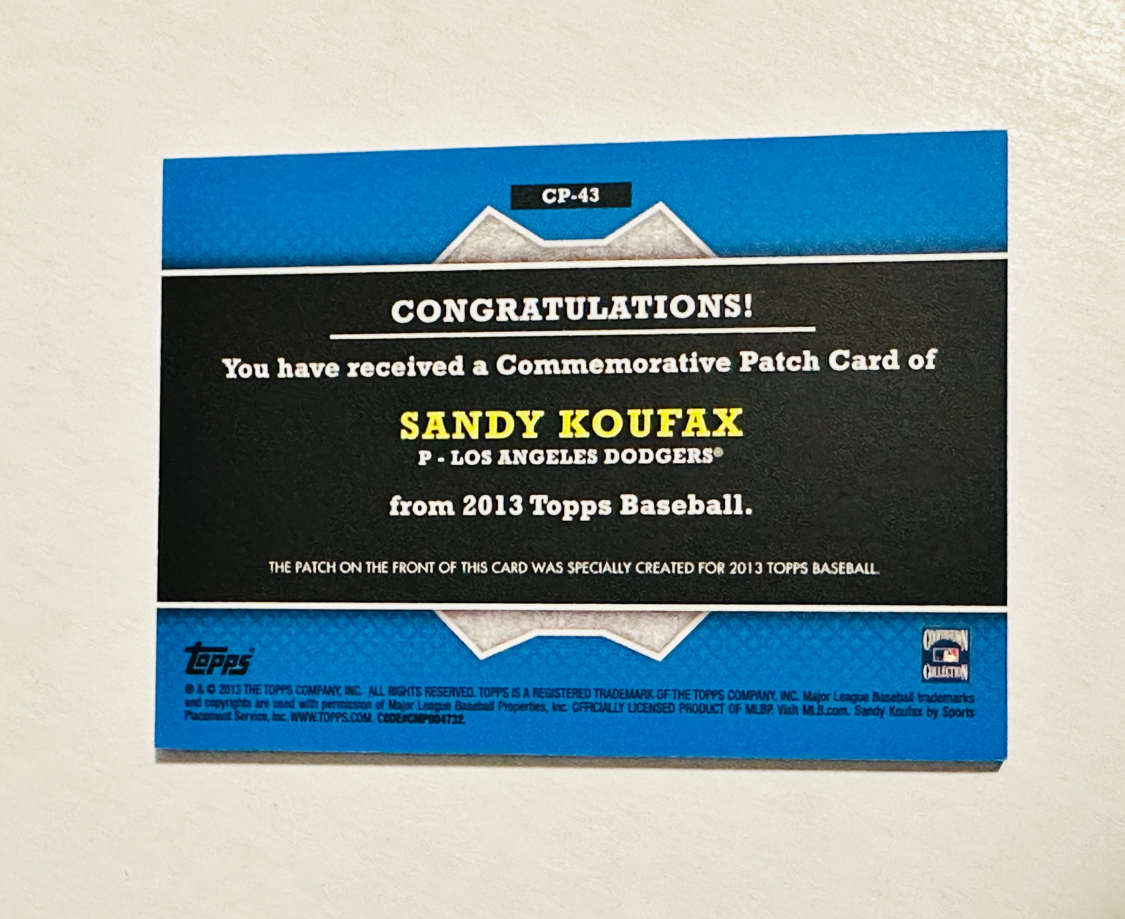 Sandy Koufax, Los Angeles Dodgers, rare commemorative, patch baseball insert card