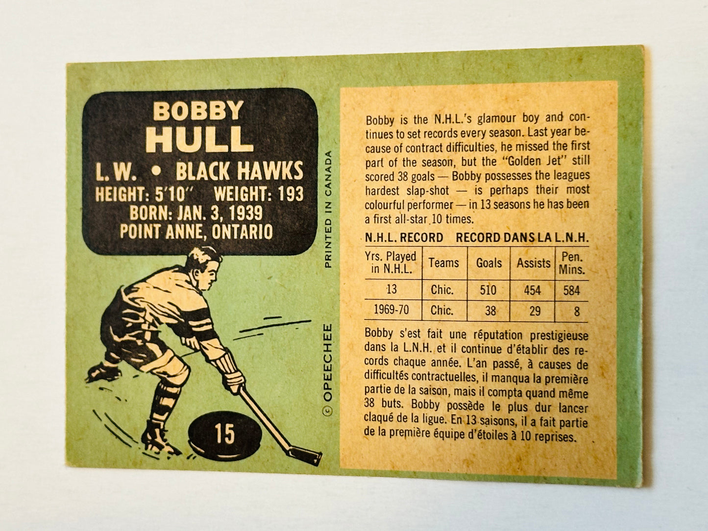 Bobby Hull Opc hockey ex condition card 1970-71