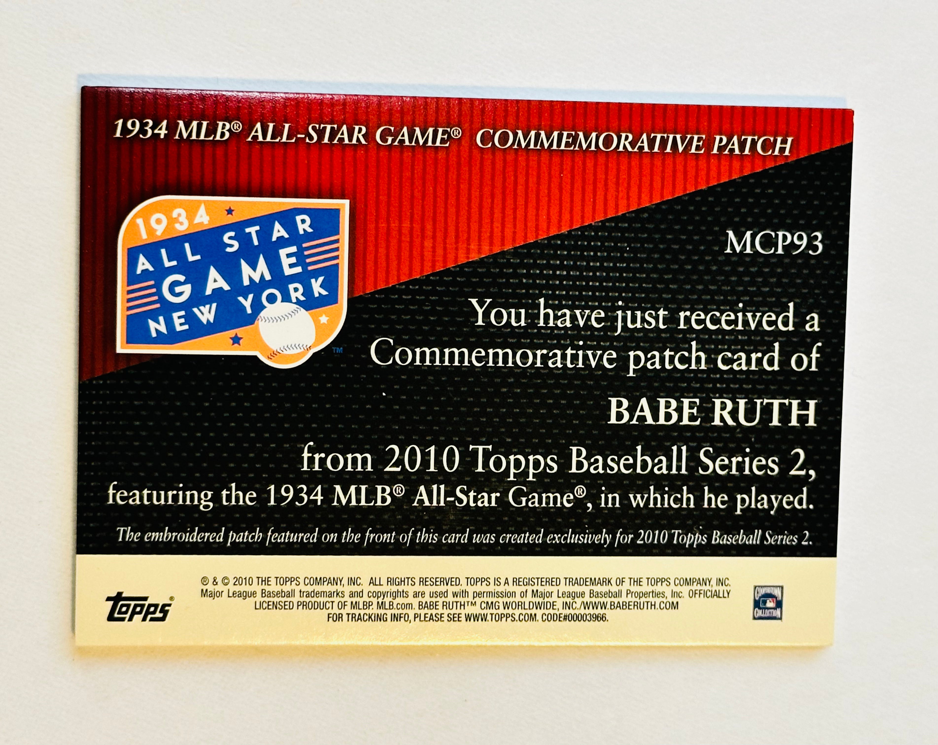 Babe Ruth Yankees All Star game Topps commerative patch baseball insert card 2010