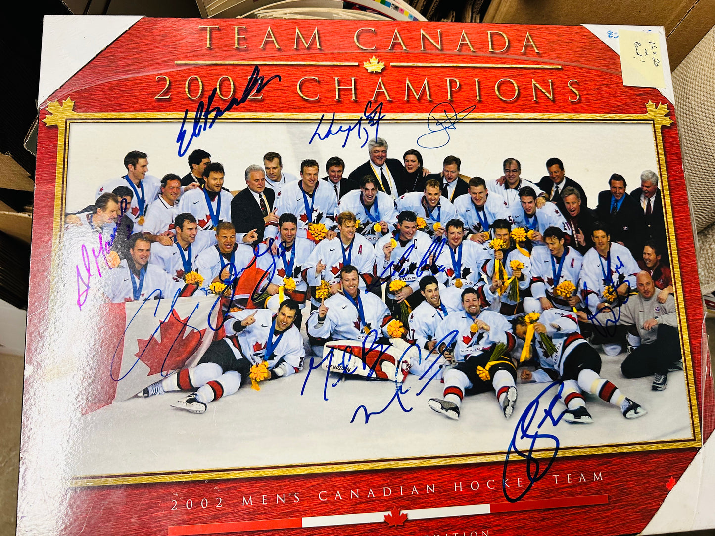 Team Canada, rare multi autographed, signed plaque, Gretzky, Lemieux, Brodeur and more sold with certificate of authenticity