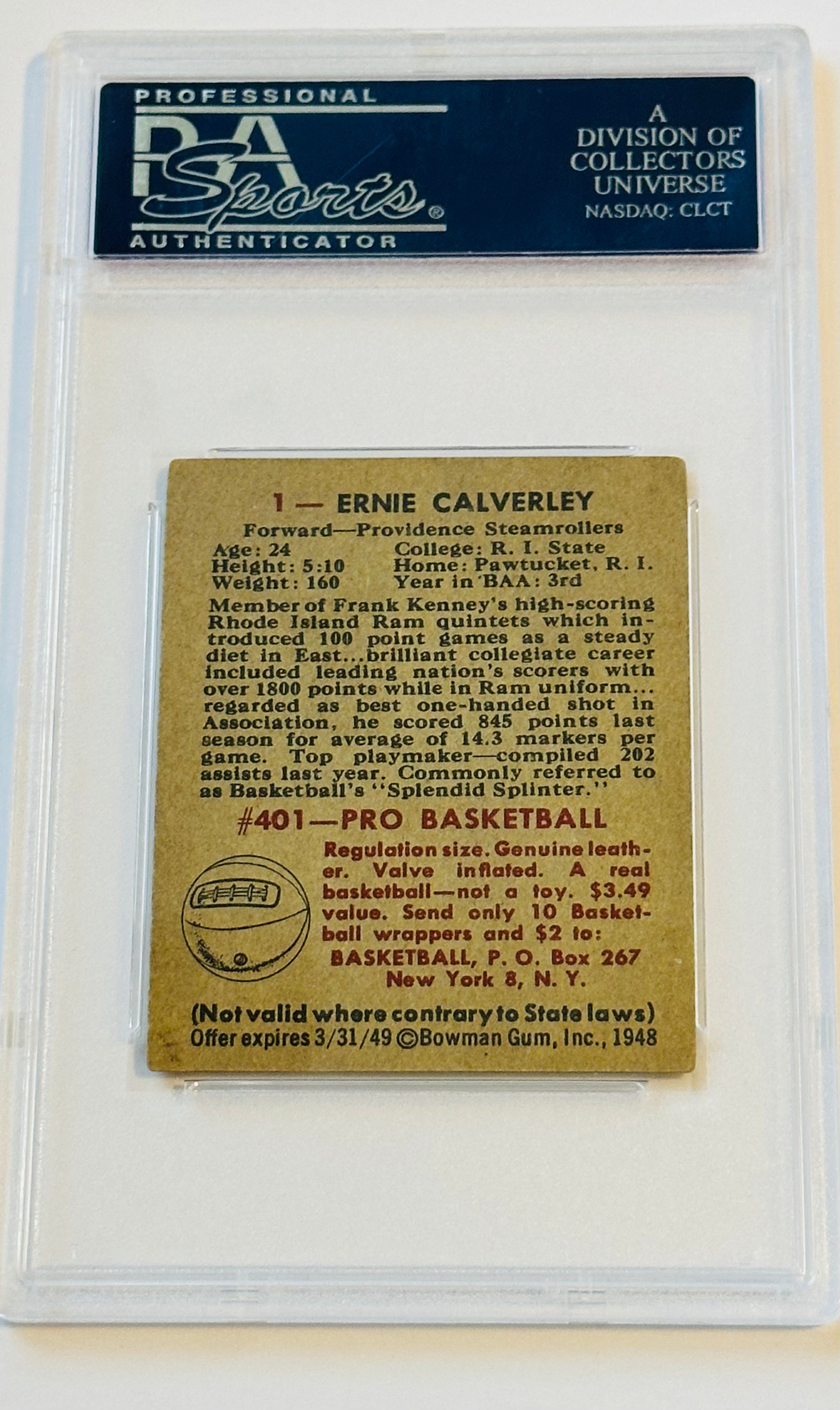 1948 Bowman basketball #1 PSA 5 graded card of Ernie Calverley