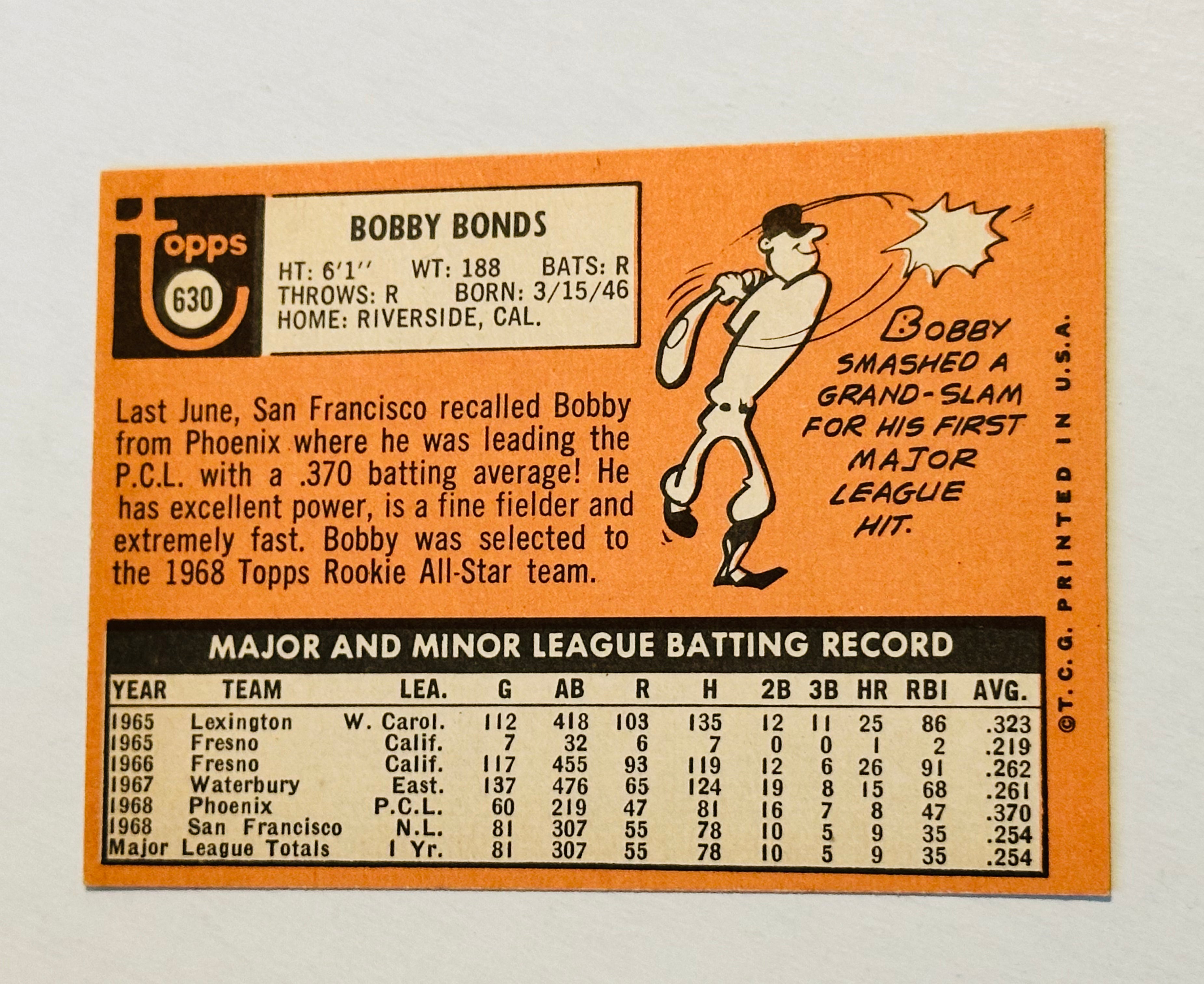 Bobby Bonds high grade condition Topps baseball rookie card 1969