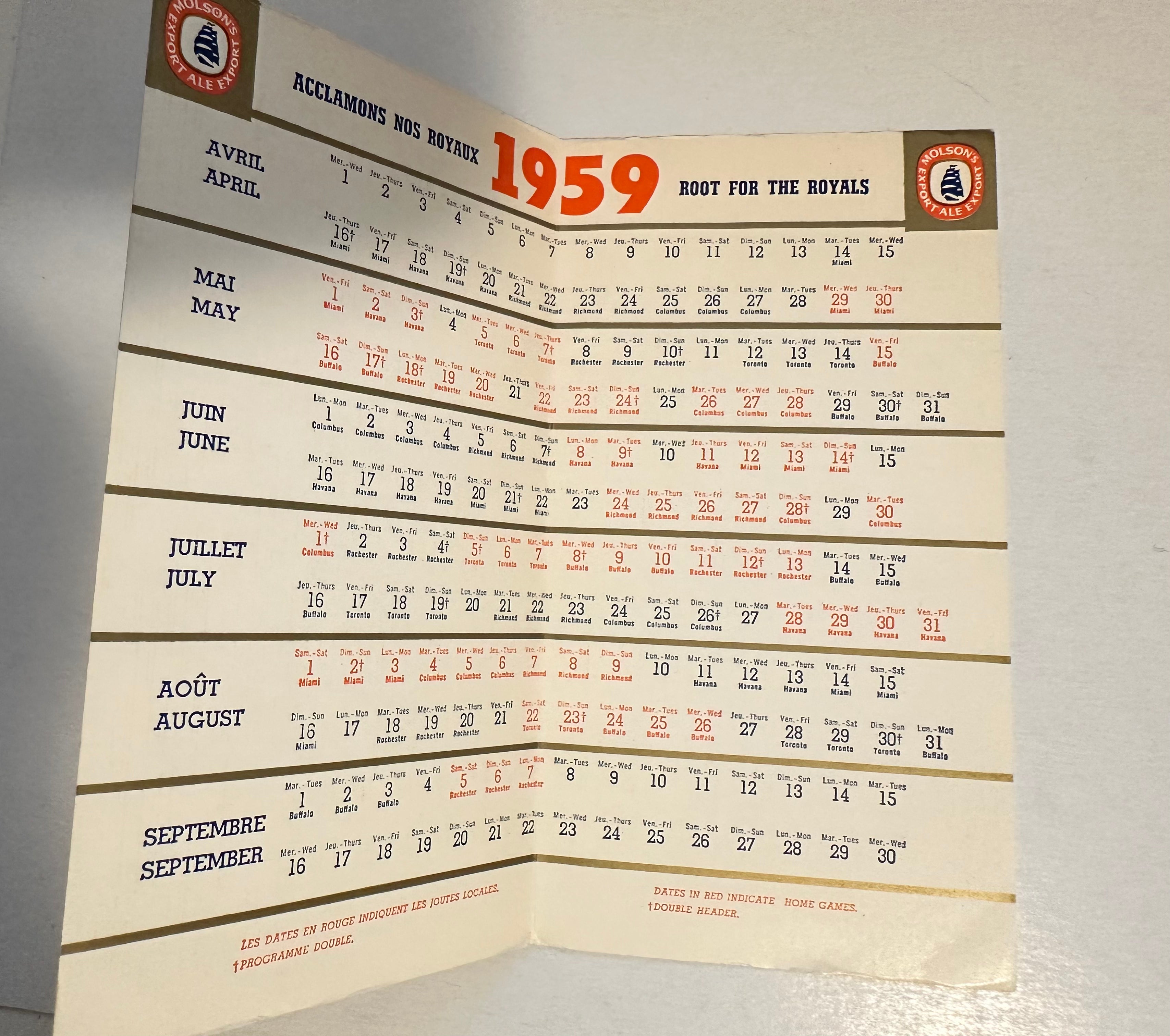 Montreal, Royals baseball, rare schedule 1959
