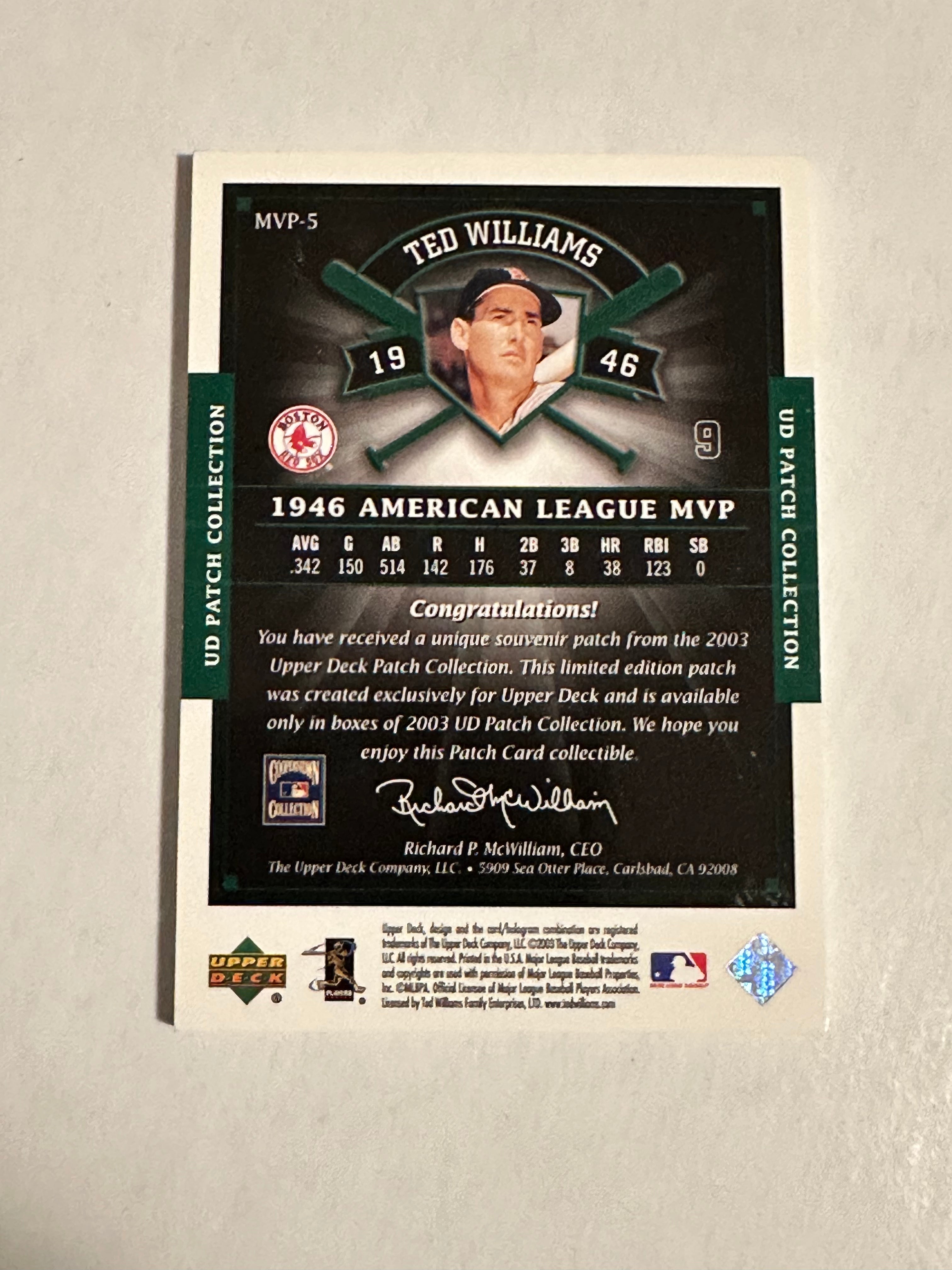 Ted Williams, Boston Red Sox, baseball, rare commemorative, patch, insert card