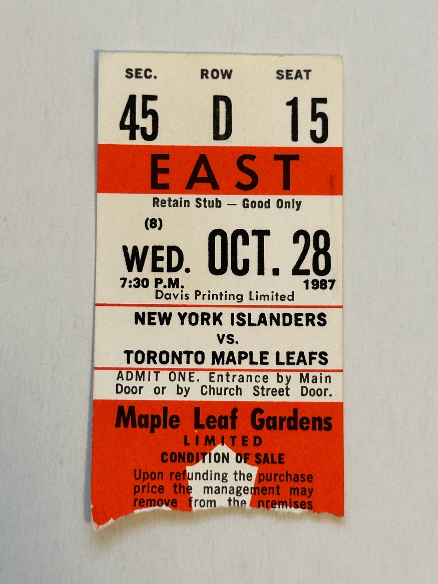 Toronto Maple Leafs versus New York Islanders hockey game ticket stub 1987