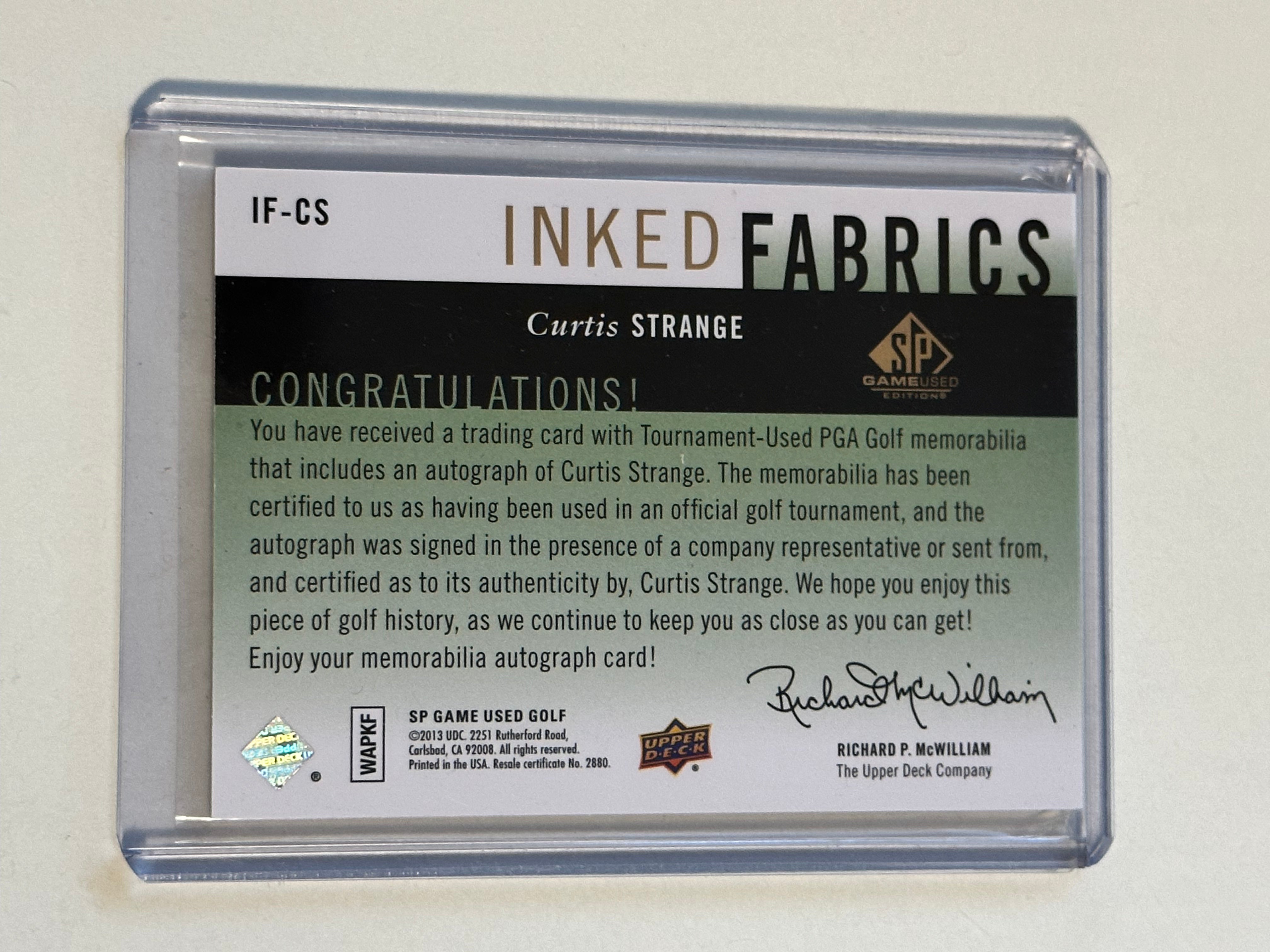 PGA Golf rare Curtis Strange rare Upper Deck autograph fabric insert numbered card