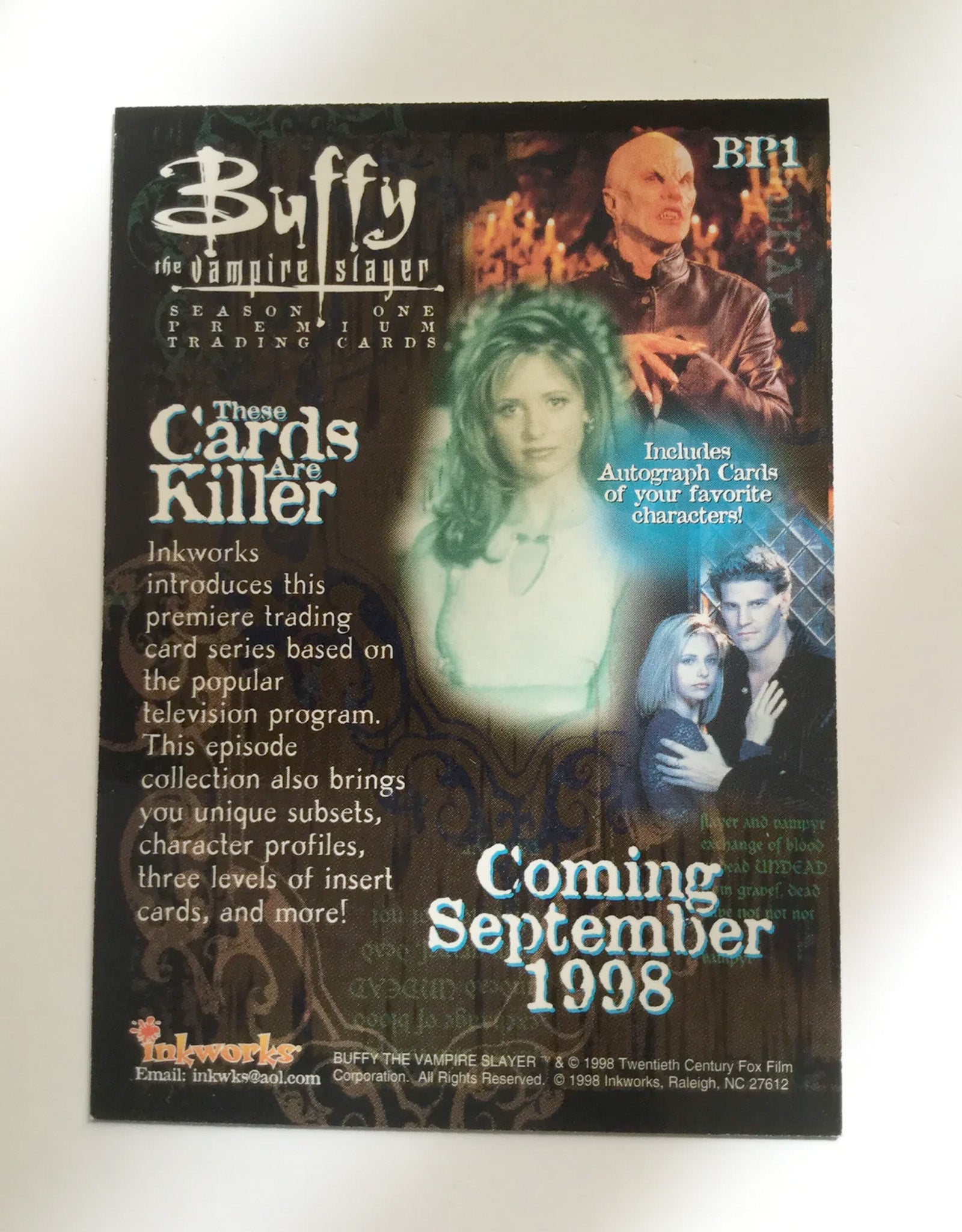 Promotional card for 'Buffy the Vampire Slayer' trading cards with character images and text.