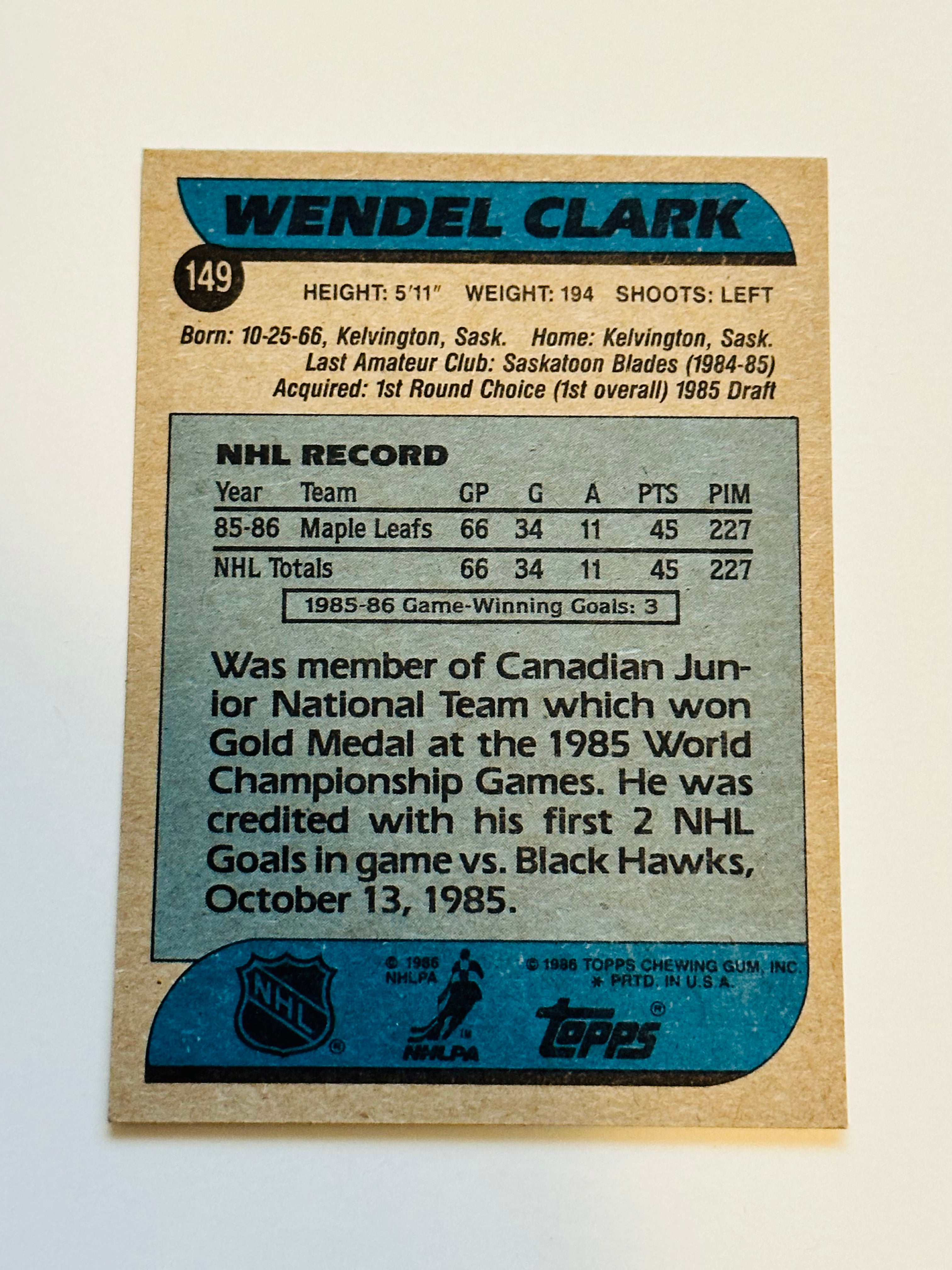 Toronto Maple Leafs Topps Wendel Clark rookie hockey card 1986-87