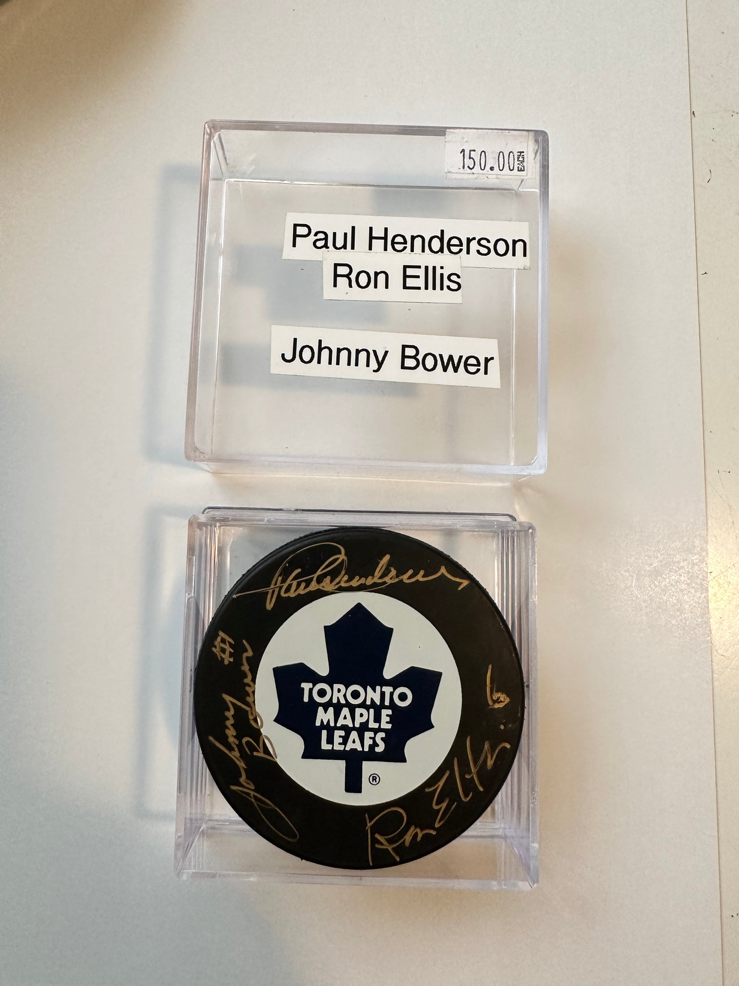 Johnny Bower, Ron Ellis and Paul Henderson multi autograph hockey puck in holder with COA