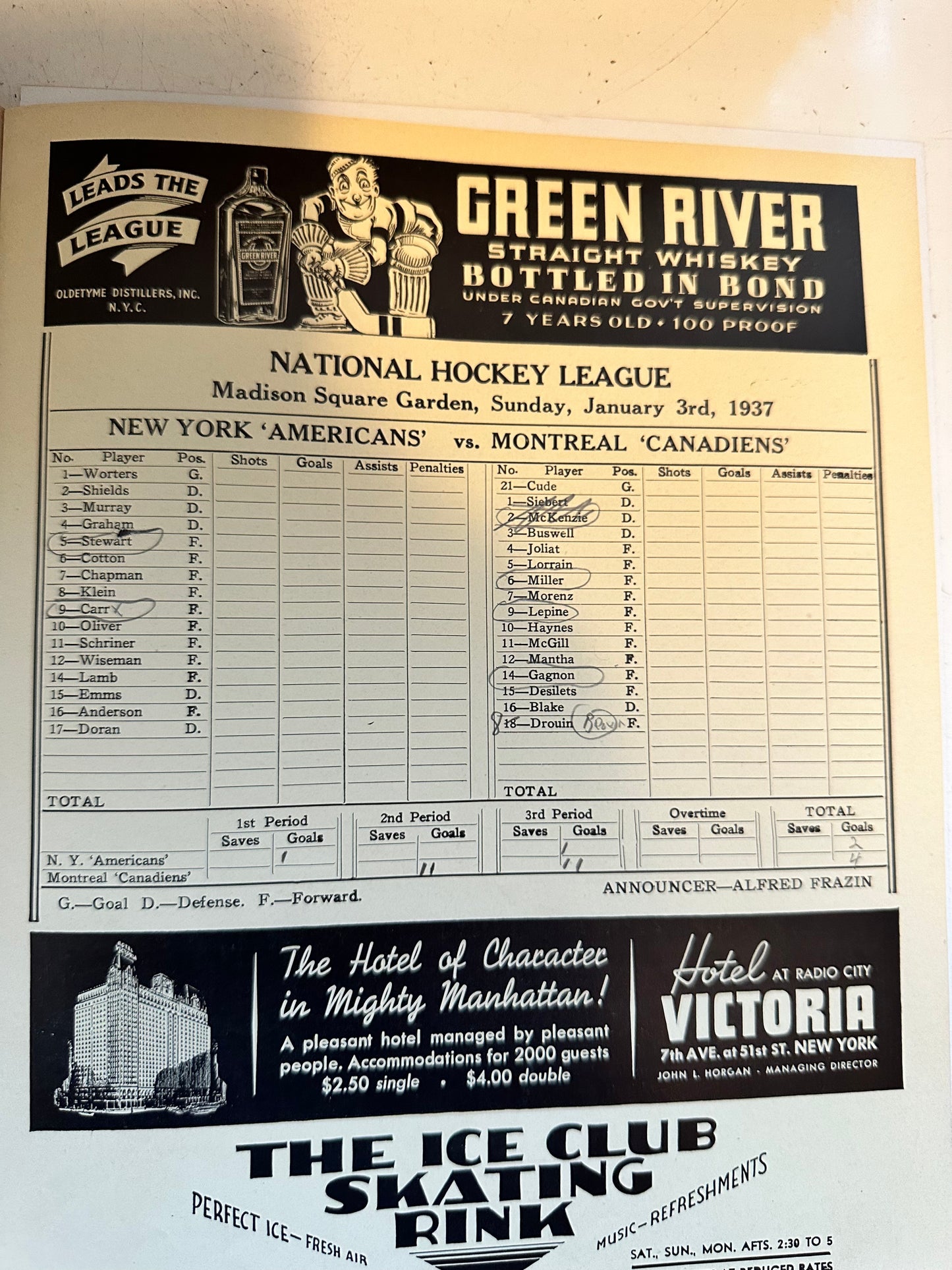 New York American Vs Montreal Canadiens original hockey game program January 1937