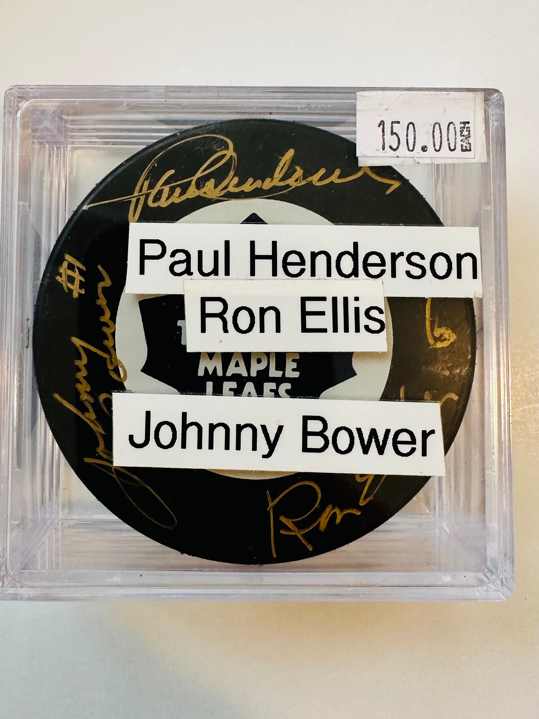 Johnny Bower, Ron Ellis and Paul Henderson multi autograph hockey puck in holder with COA