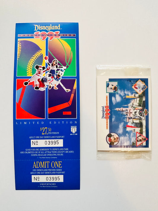 Disneyland rare full unused vintage ticket with Factory Sealed upper deck cards Preview set 1991