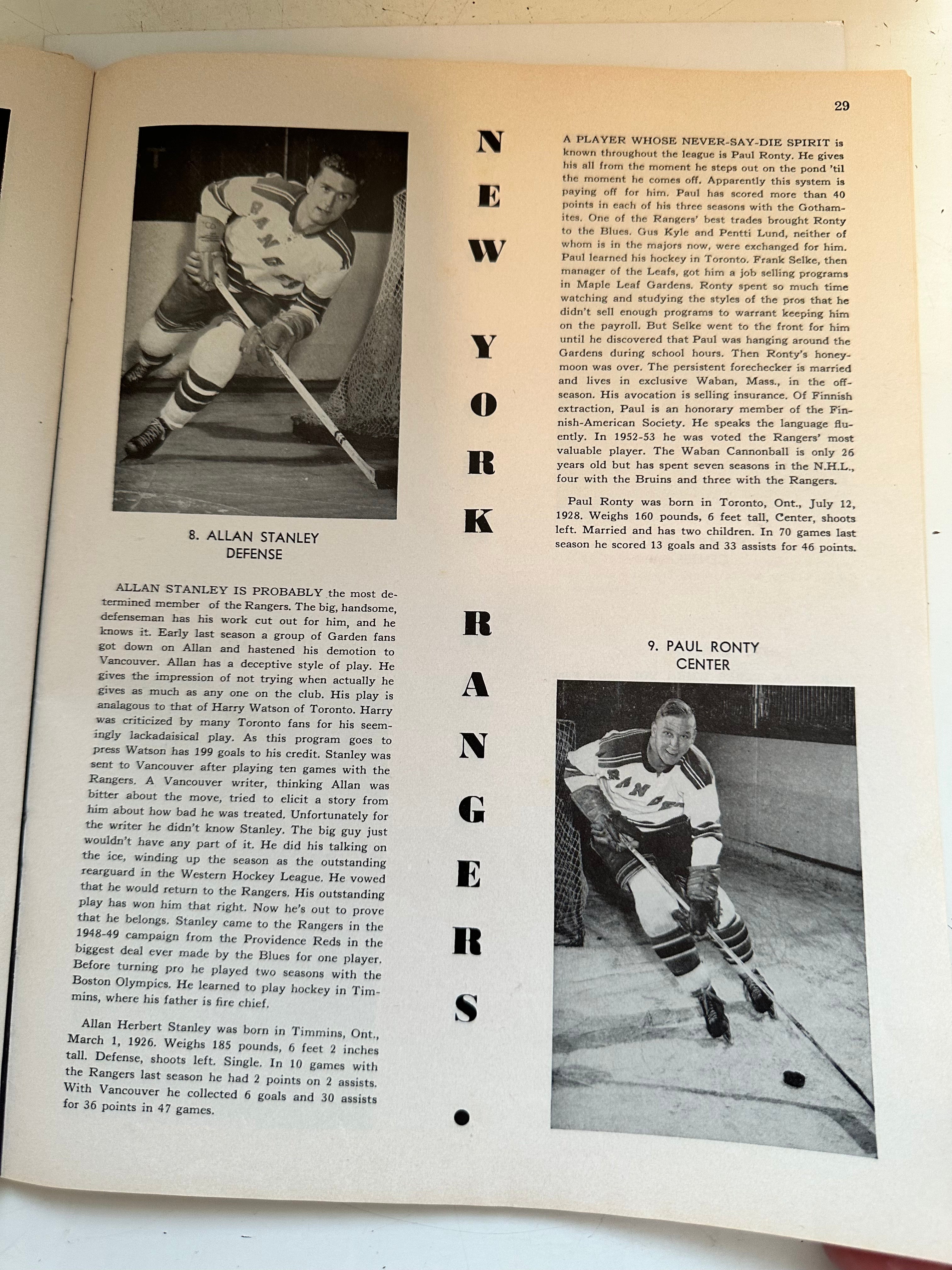 1954-55 Leafs Vs Rangers rare hockey game program Dec.12