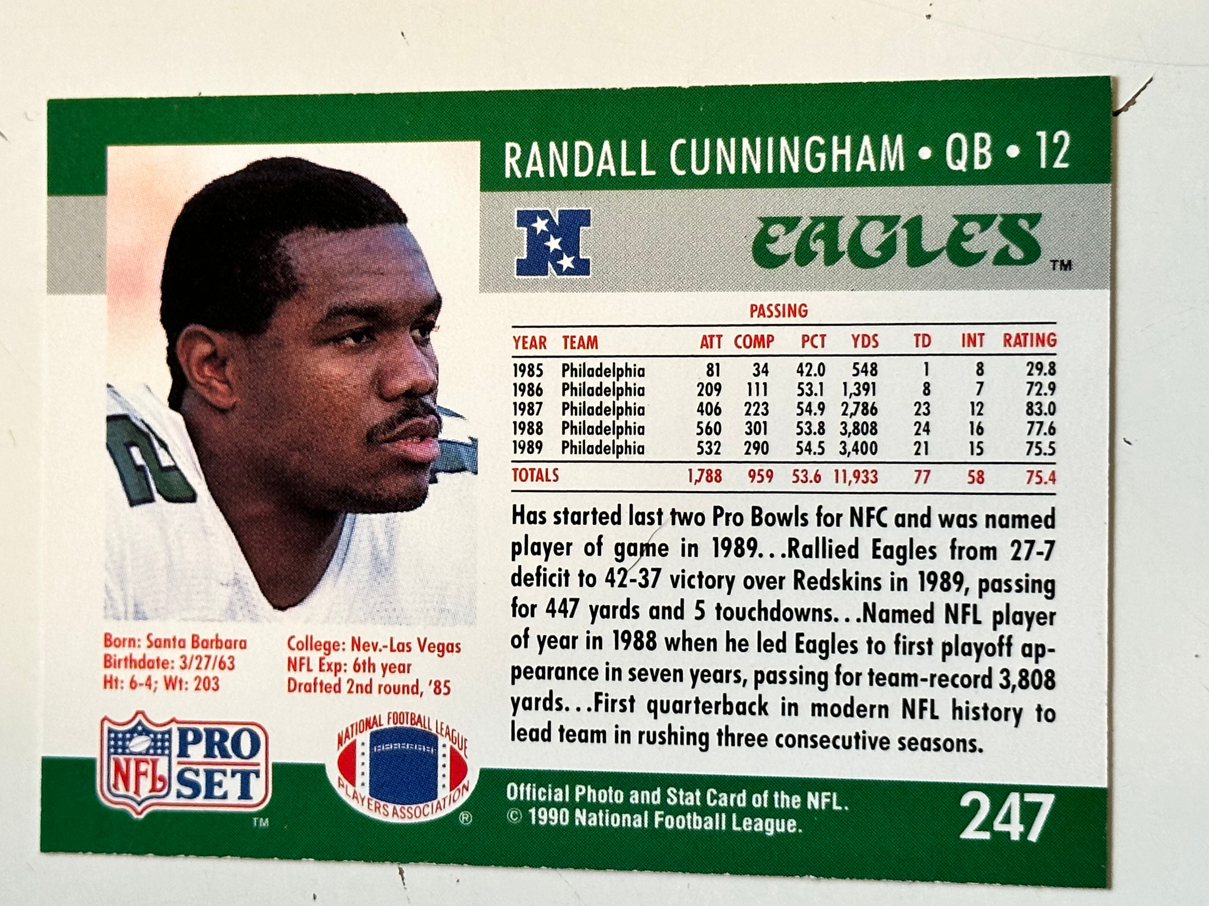 Randal Cunninghll rare autograph football card with COA