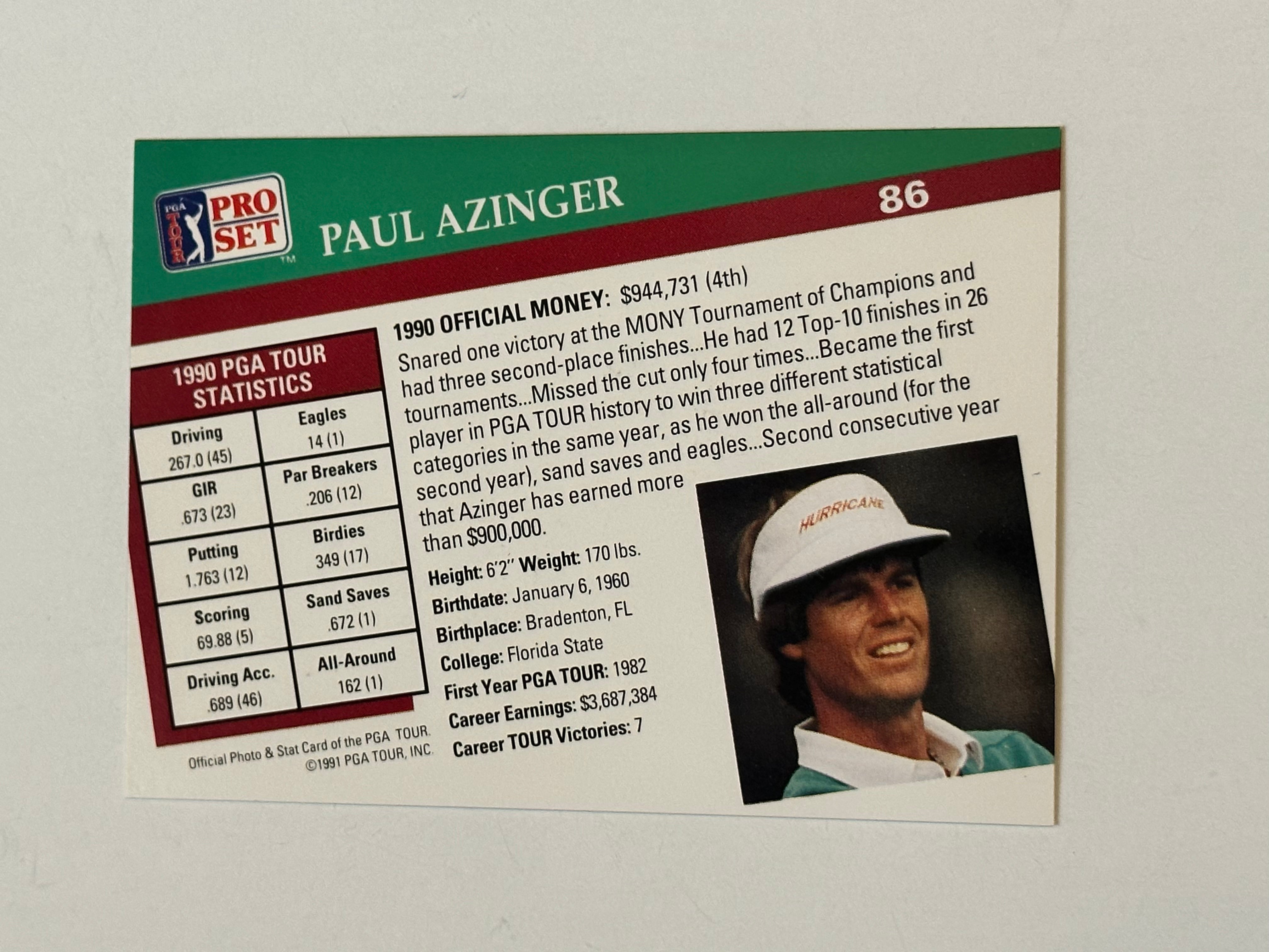 Golf PGA  Paul Azinger autographed card with COA