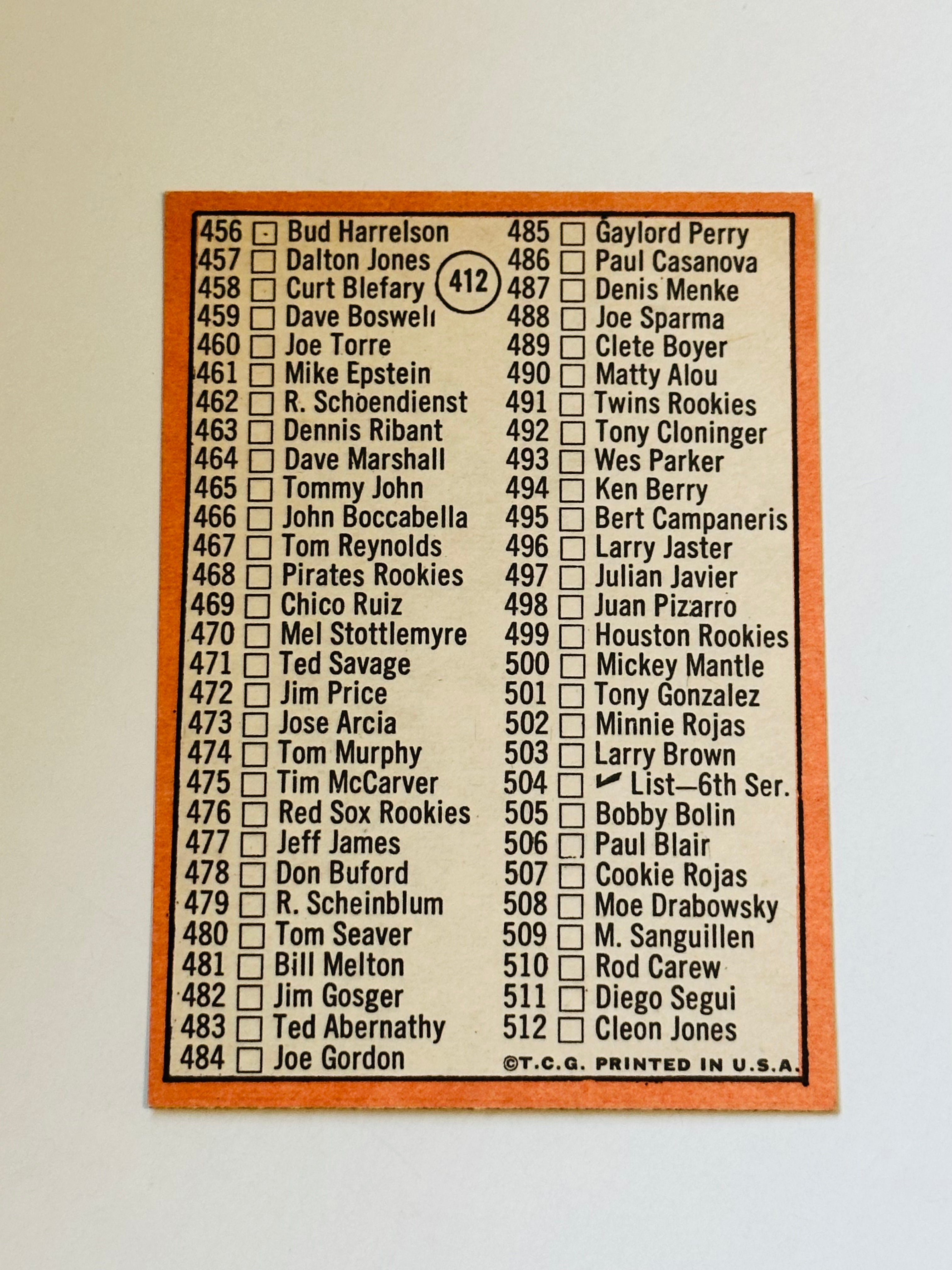 1969 Topps Mickey Mantle baseball unmarked checklist card