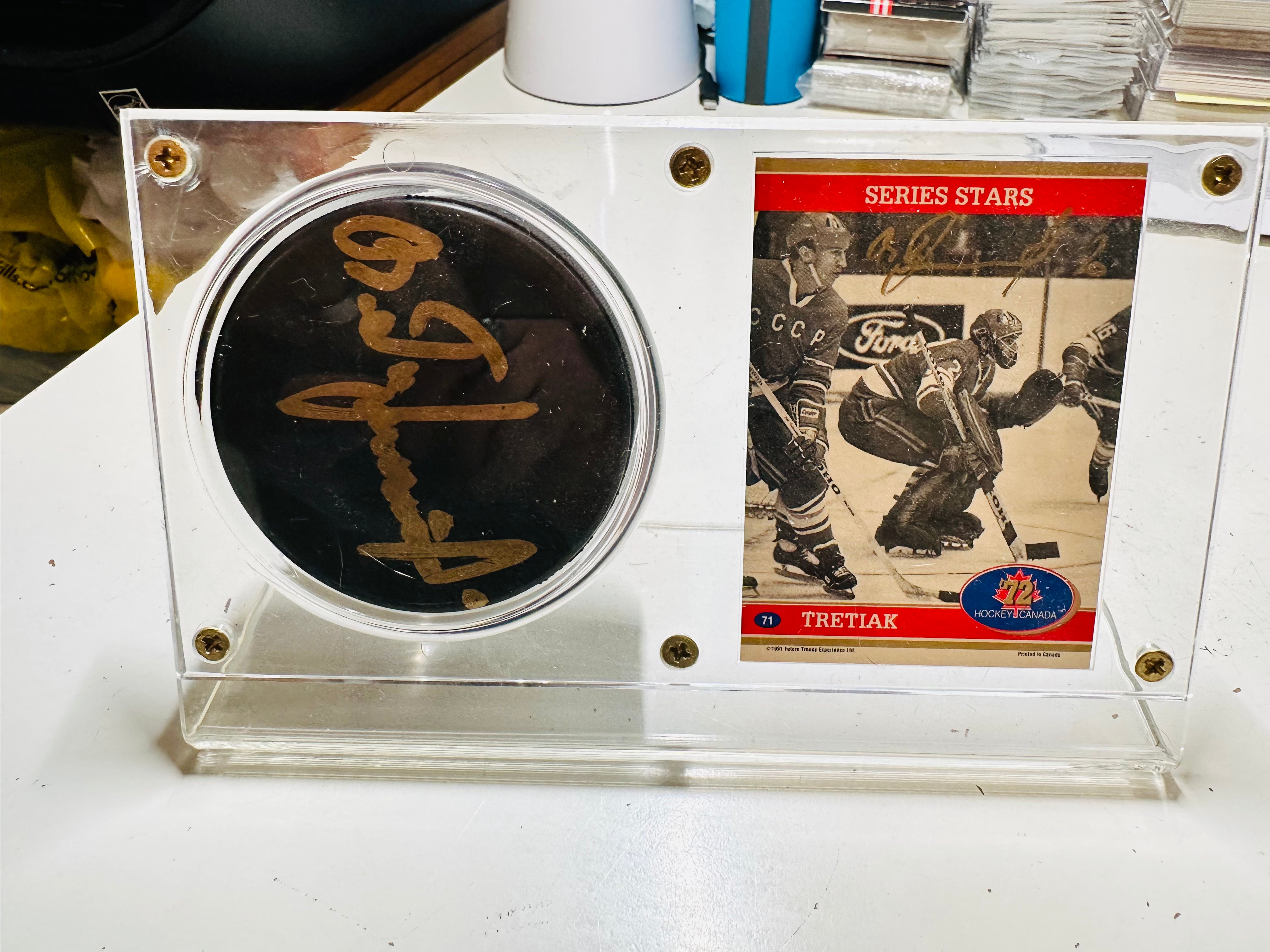 Vlad Tretiak double autographs signed puck and card in holder display with COA