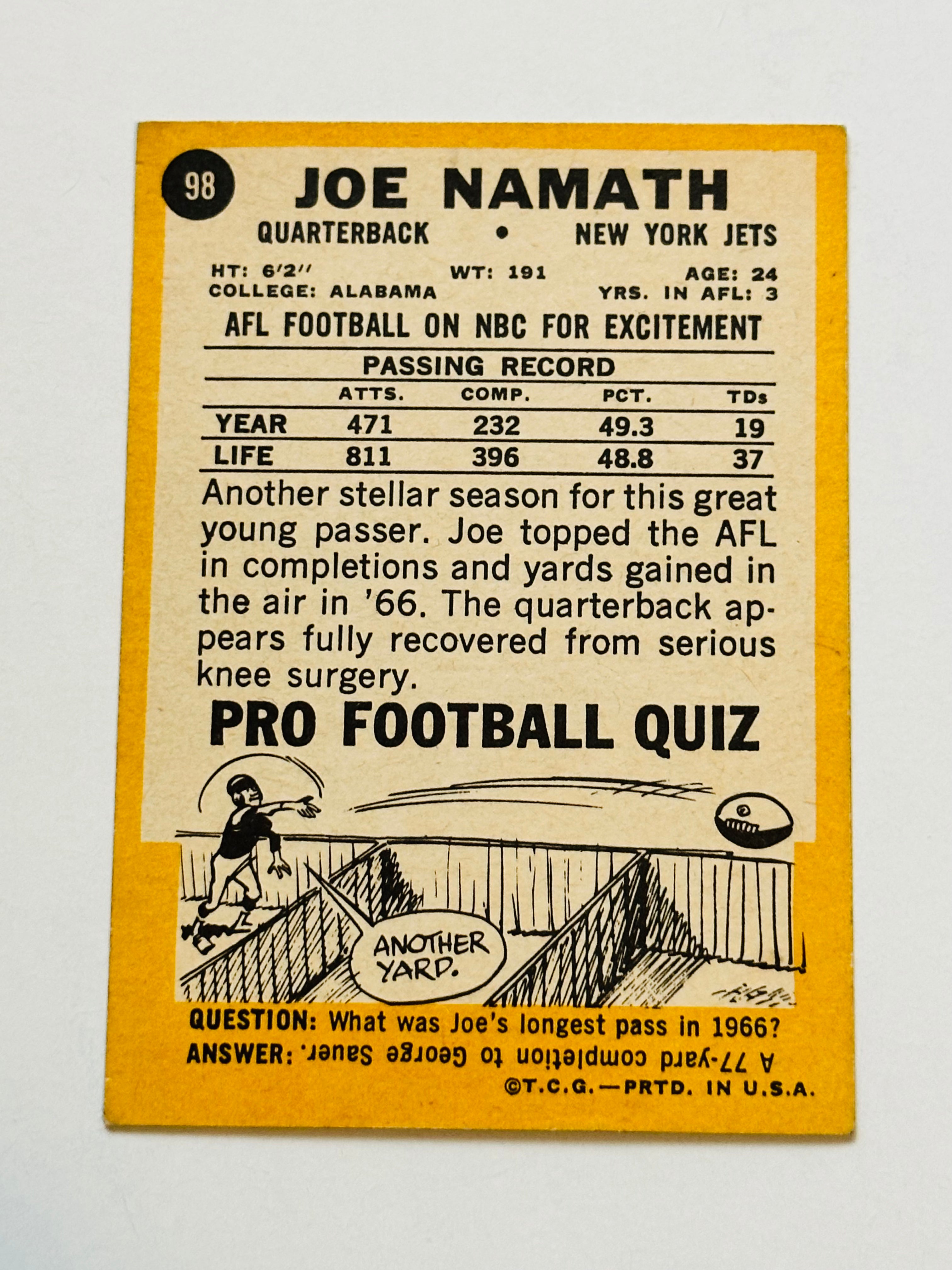 Joe Namath rare 3rd year football card 1967