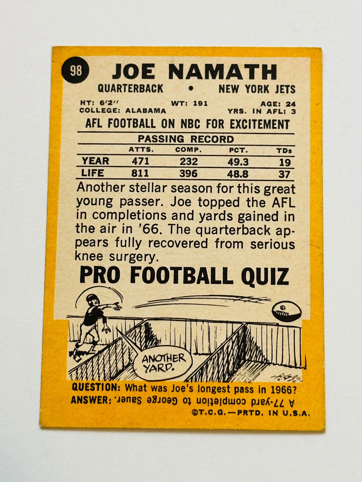 Joe Namath rare 3rd year football card 1967