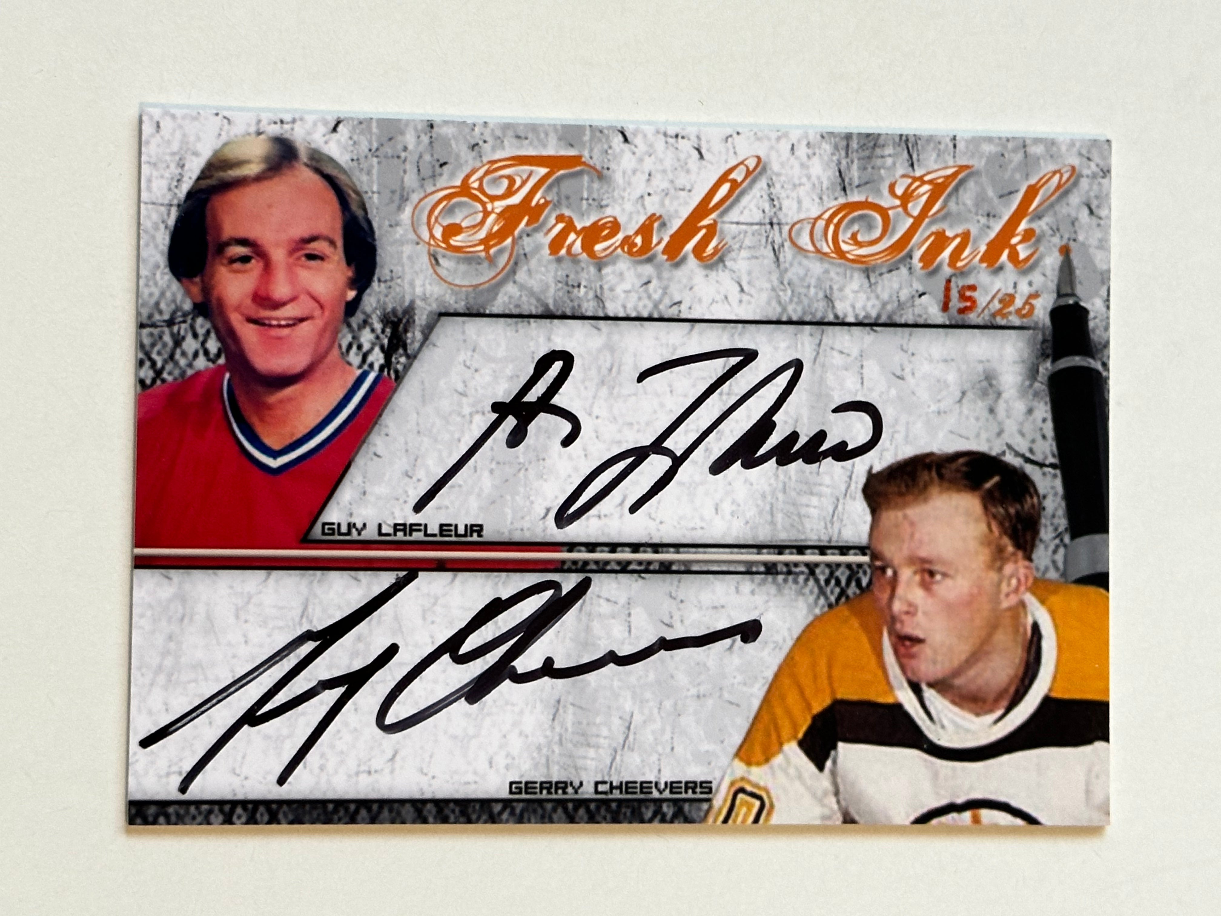 Guy LaFleur and Gerry Cheevers rare double autograph numbered hockey legends card 15/25