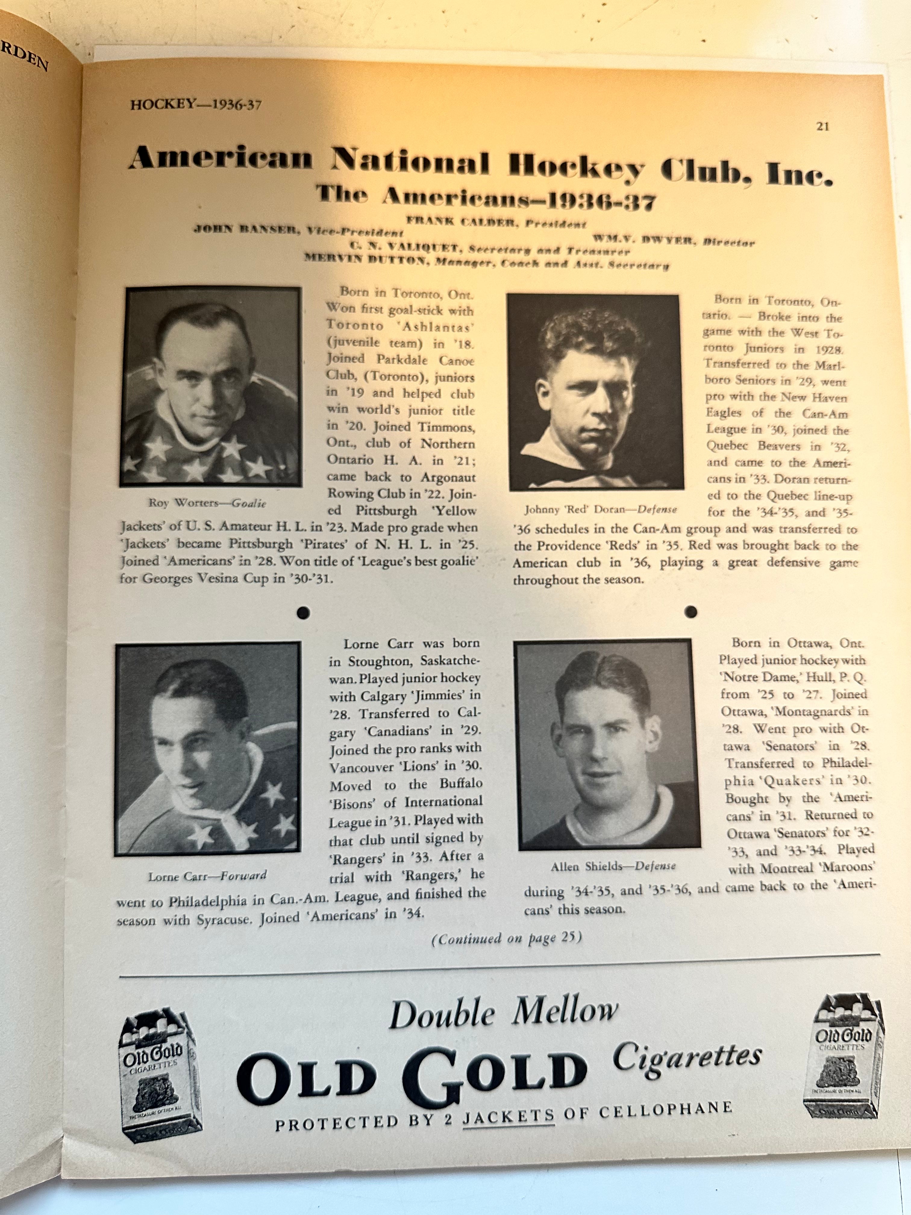 New York American Vs Montreal Canadiens original hockey game program January 1937