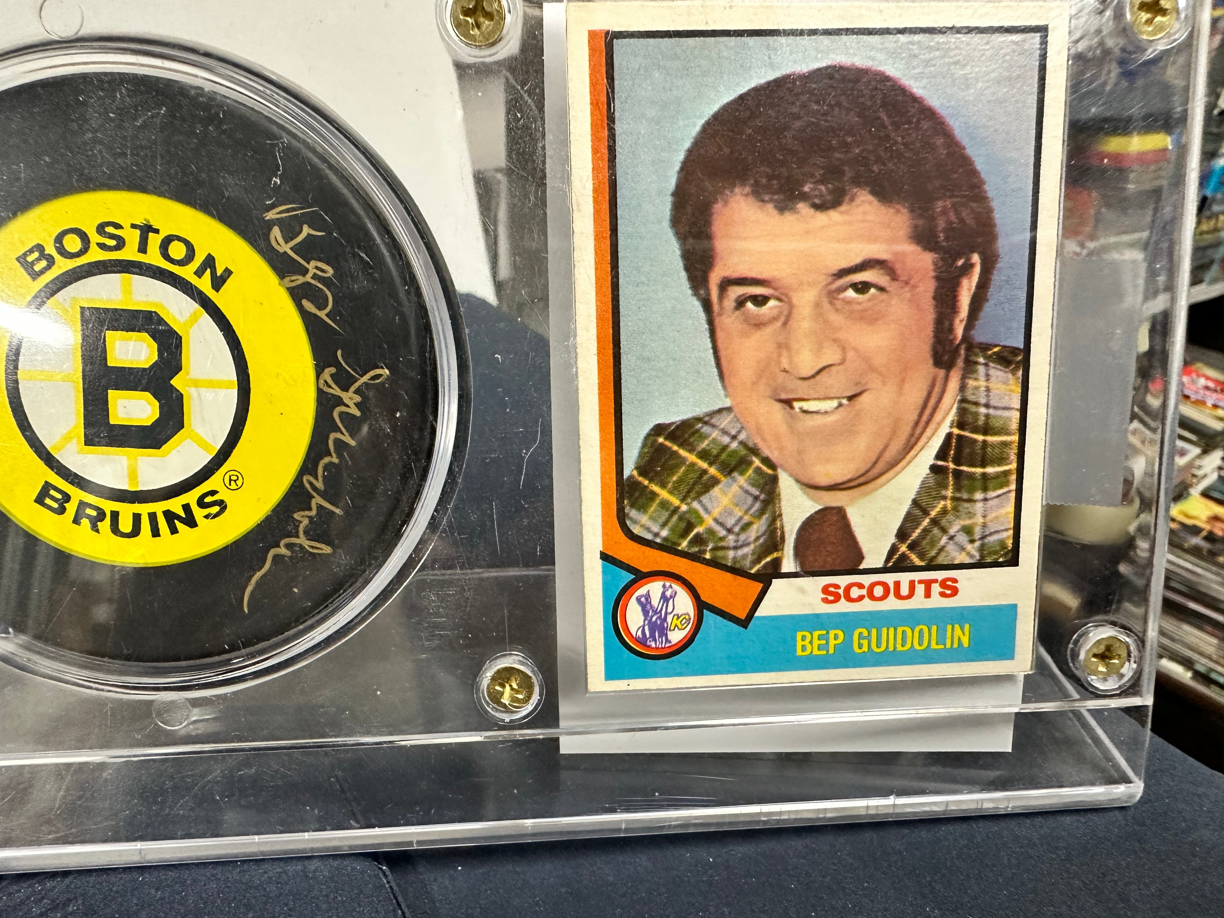 Bep Guidolin rare signed puck and card in holder with COA