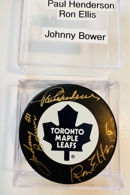 Johnny Bower, Ron Ellis and Paul Henderson multi autograph hockey puck in holder with COA