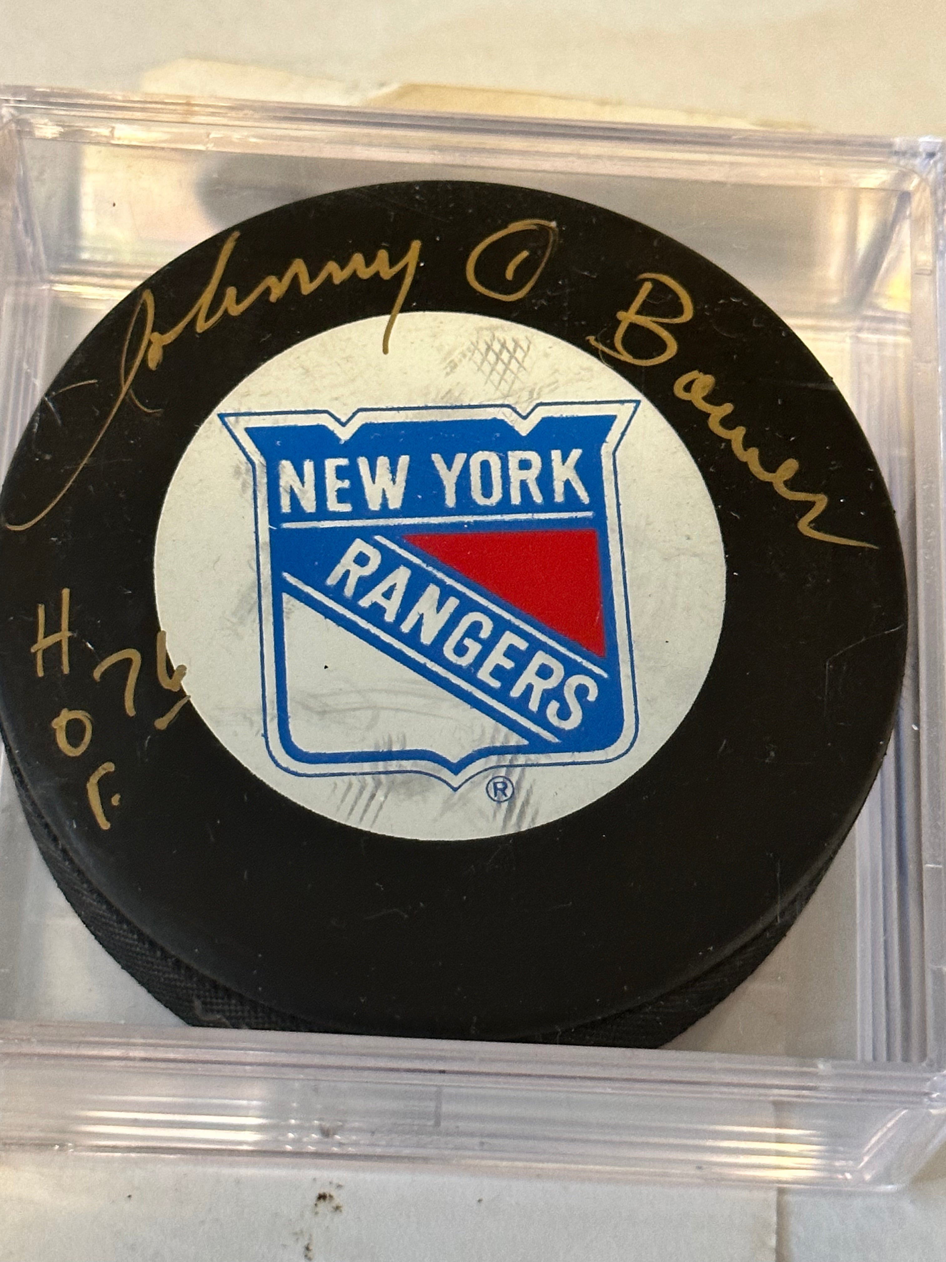 Johnny Bower New York Rangers inscribed autograph puck in holder with COA
