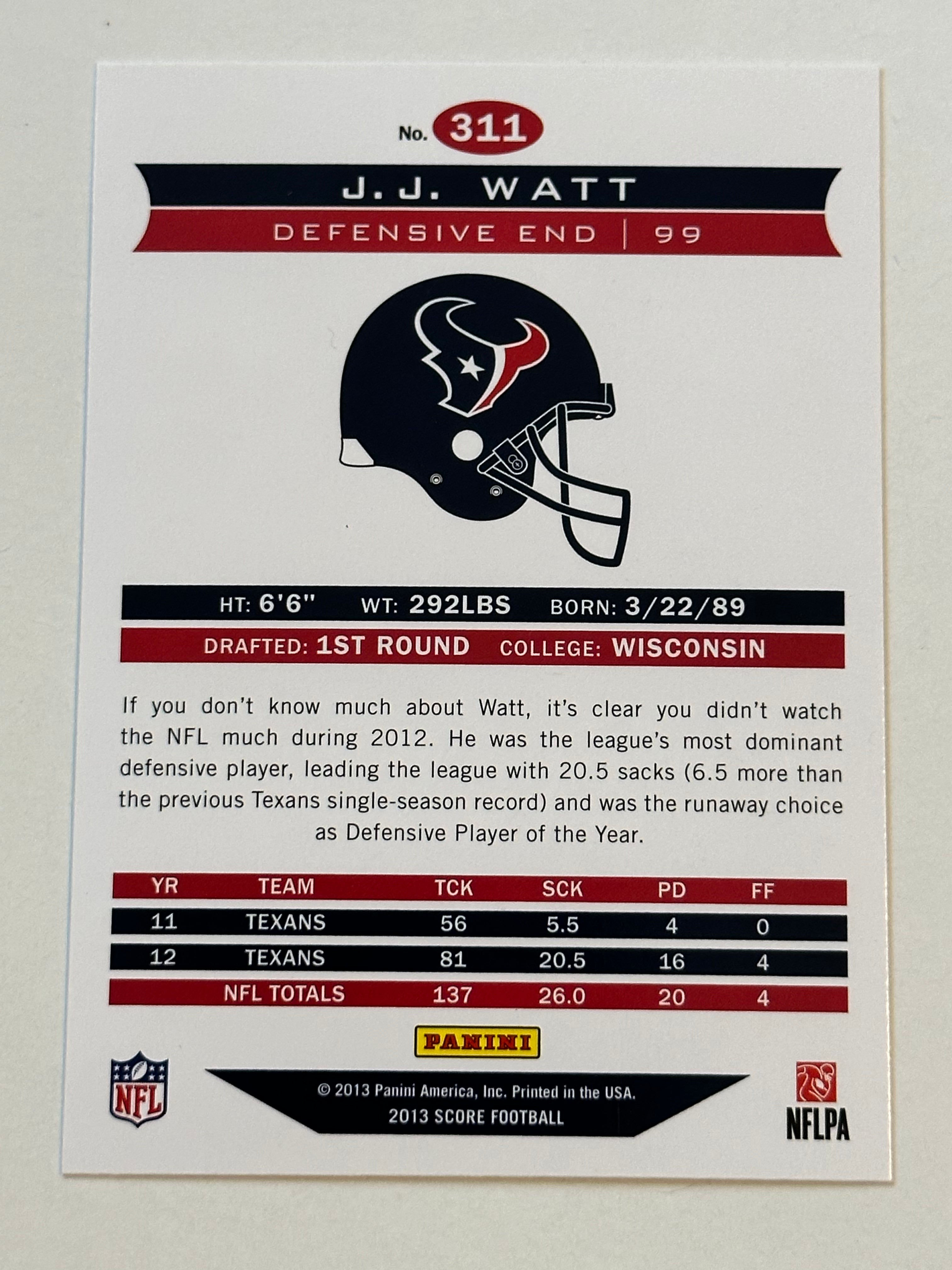 J.J. Watt NFL superstar autographed card with COA