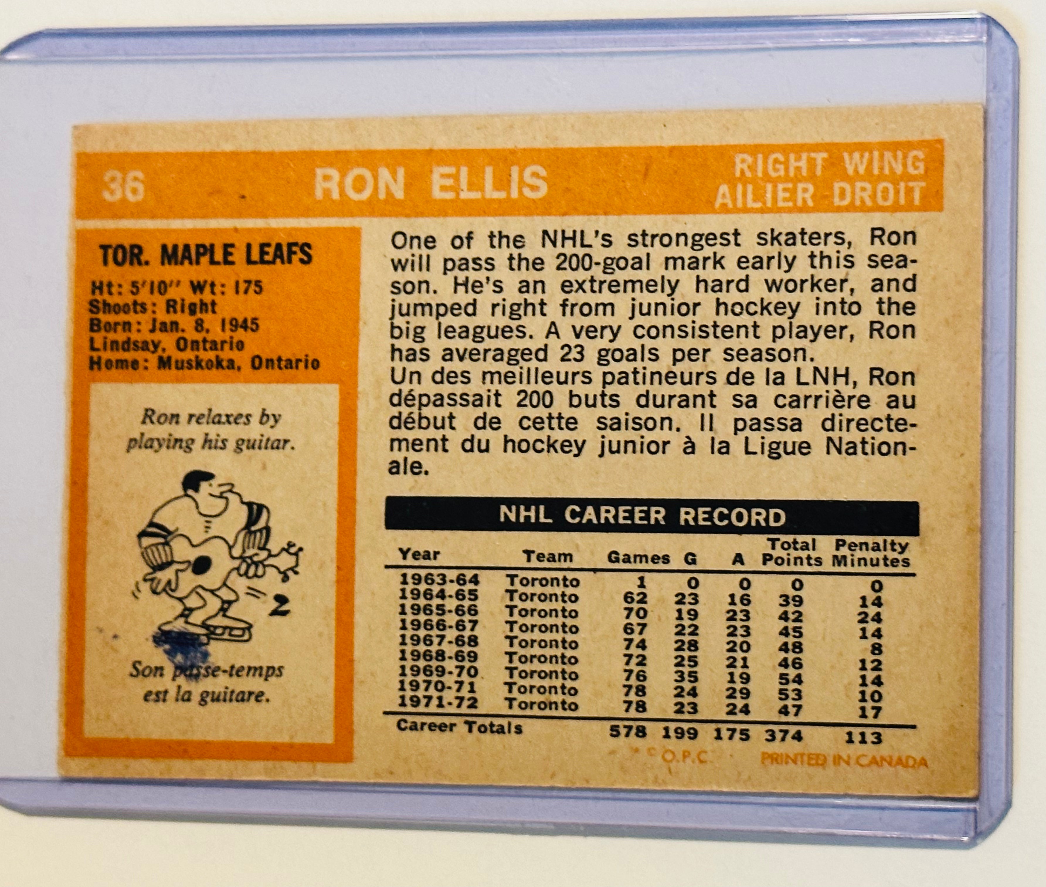 Toronto Maple Leafs Ron Ellis signed card with COA