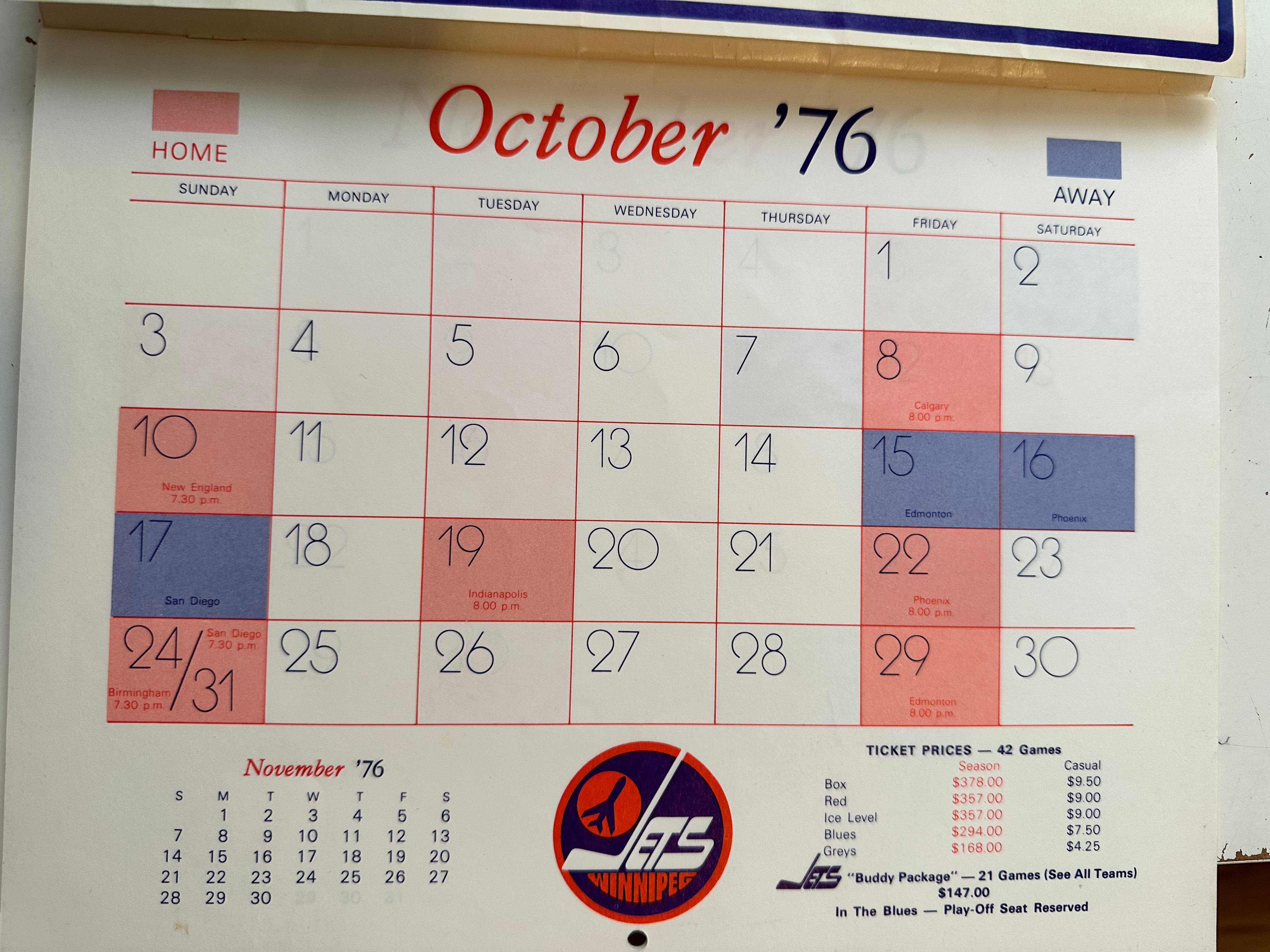 Winnipeg Jets rare hockey calendar 1976-77