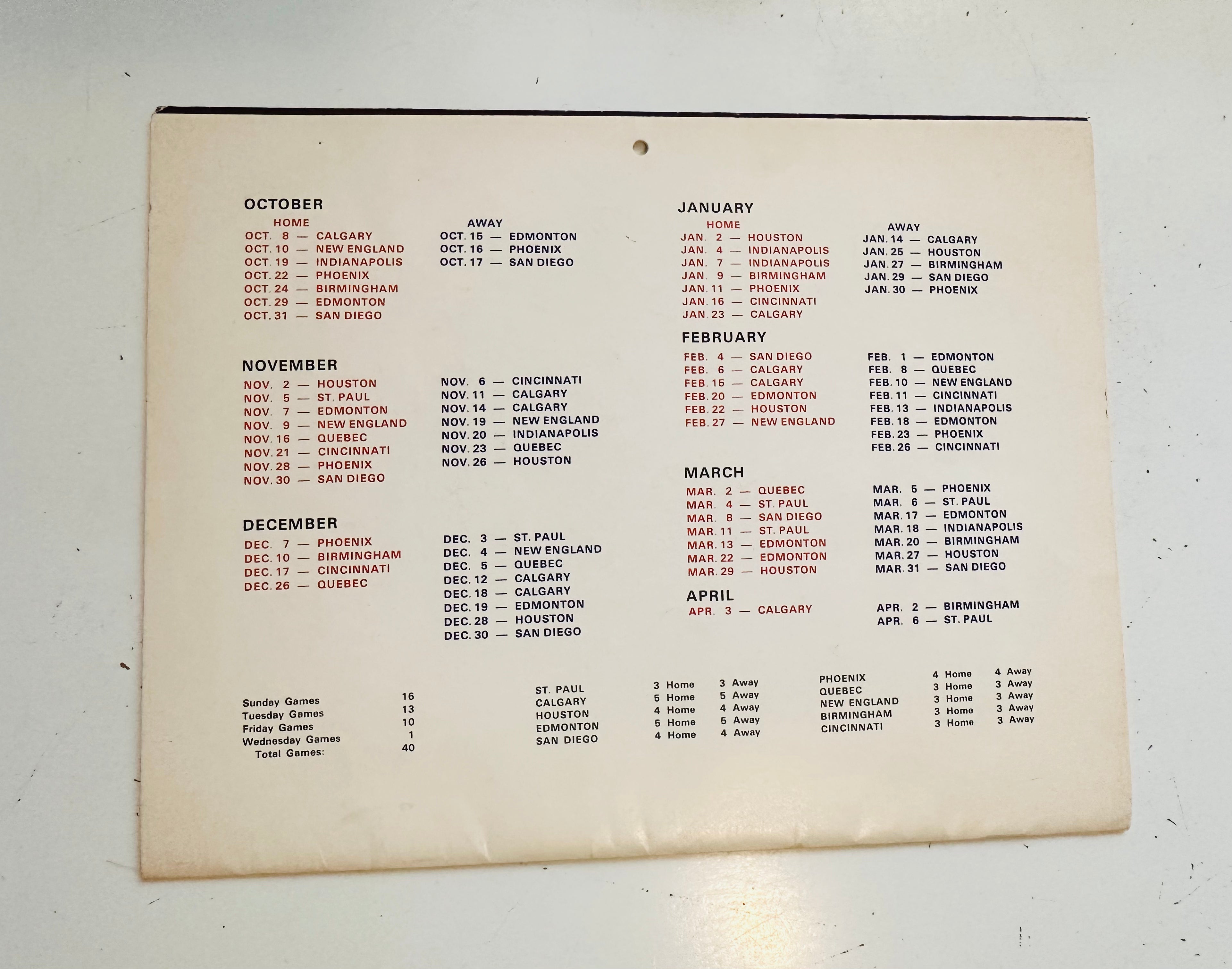 Winnipeg Jets rare hockey calendar 1976-77