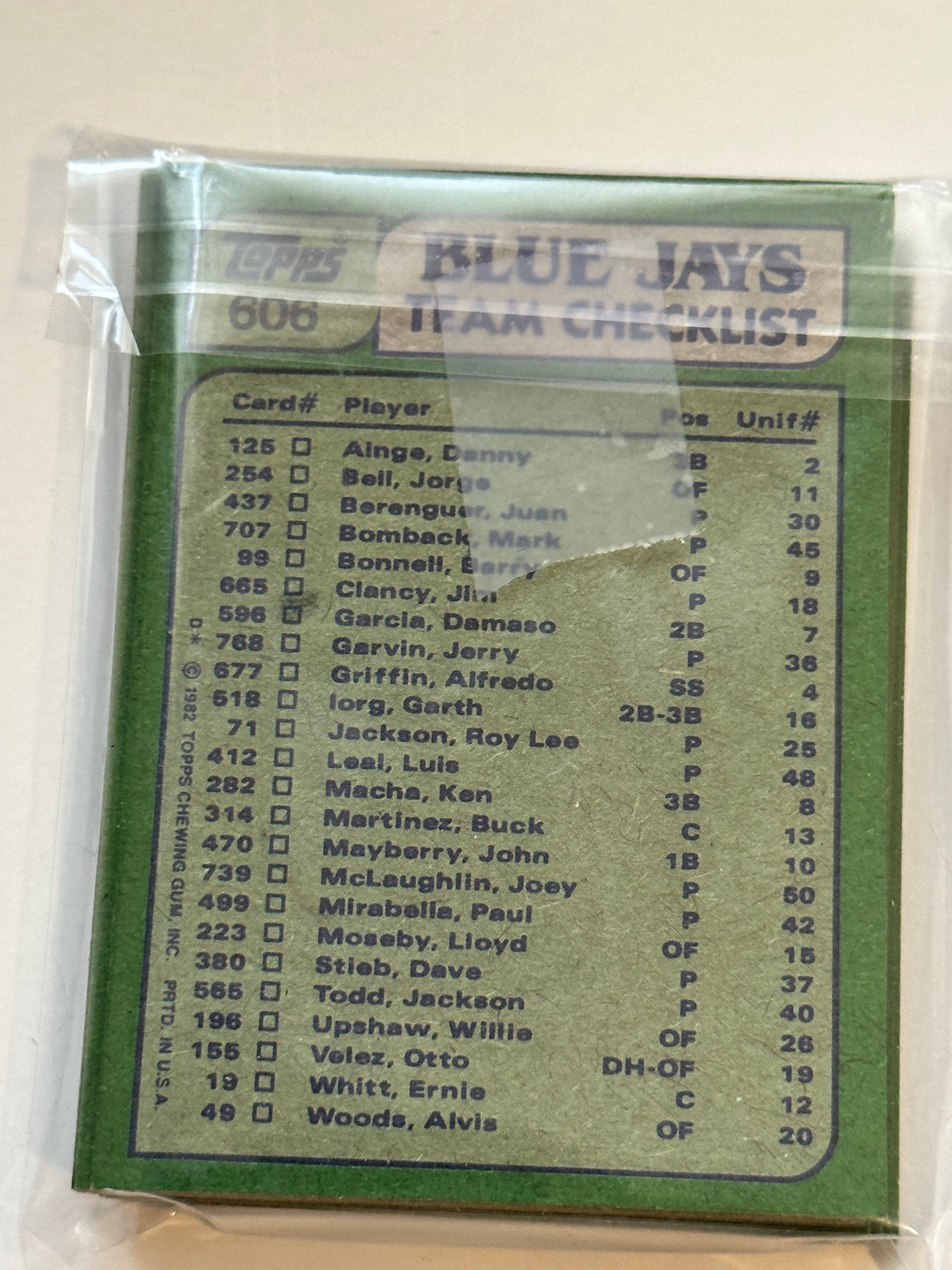 1982 Topps Blue Jays baseball team set