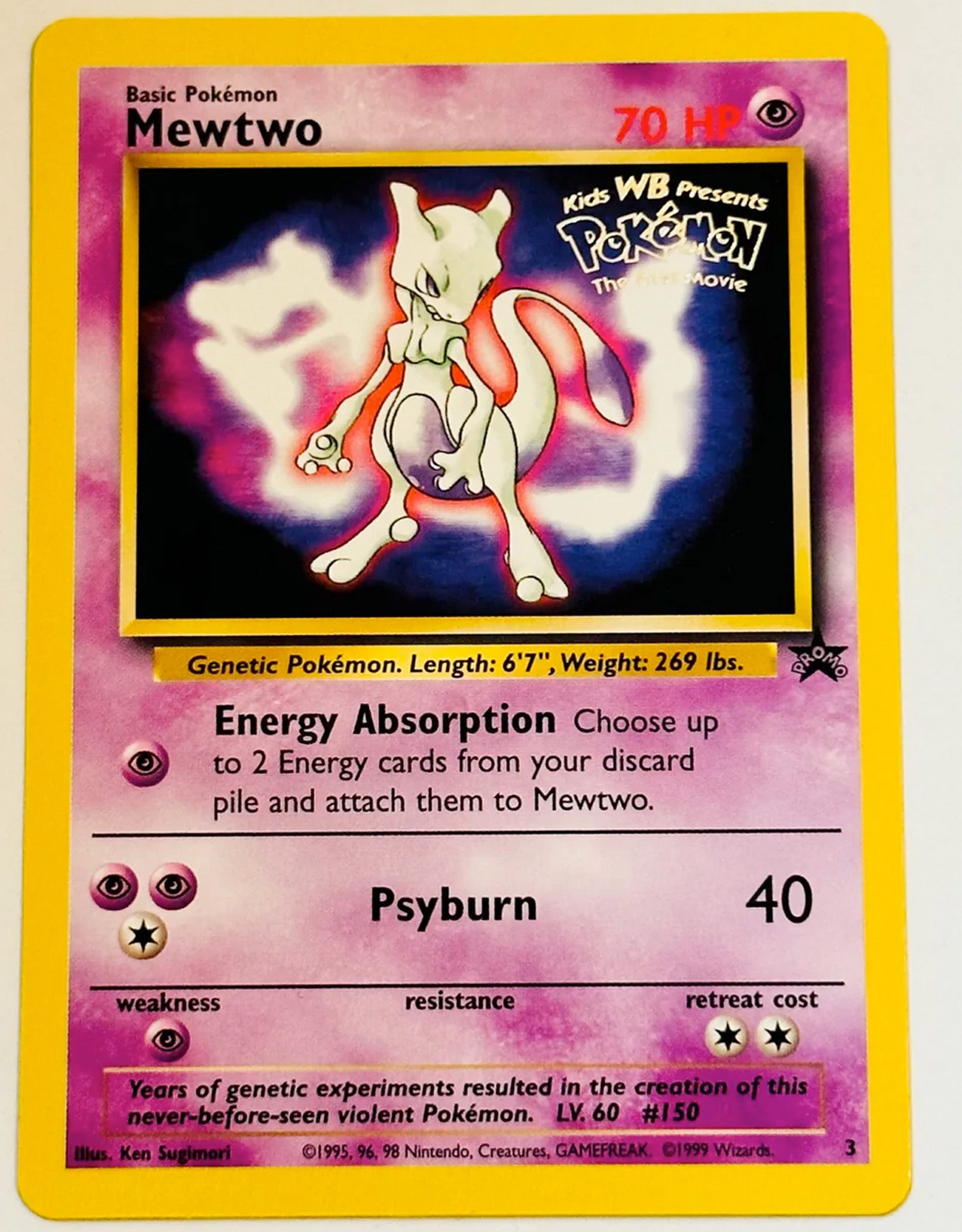 Pokémon trading card featuring Mewtwo with a pink and yellow border