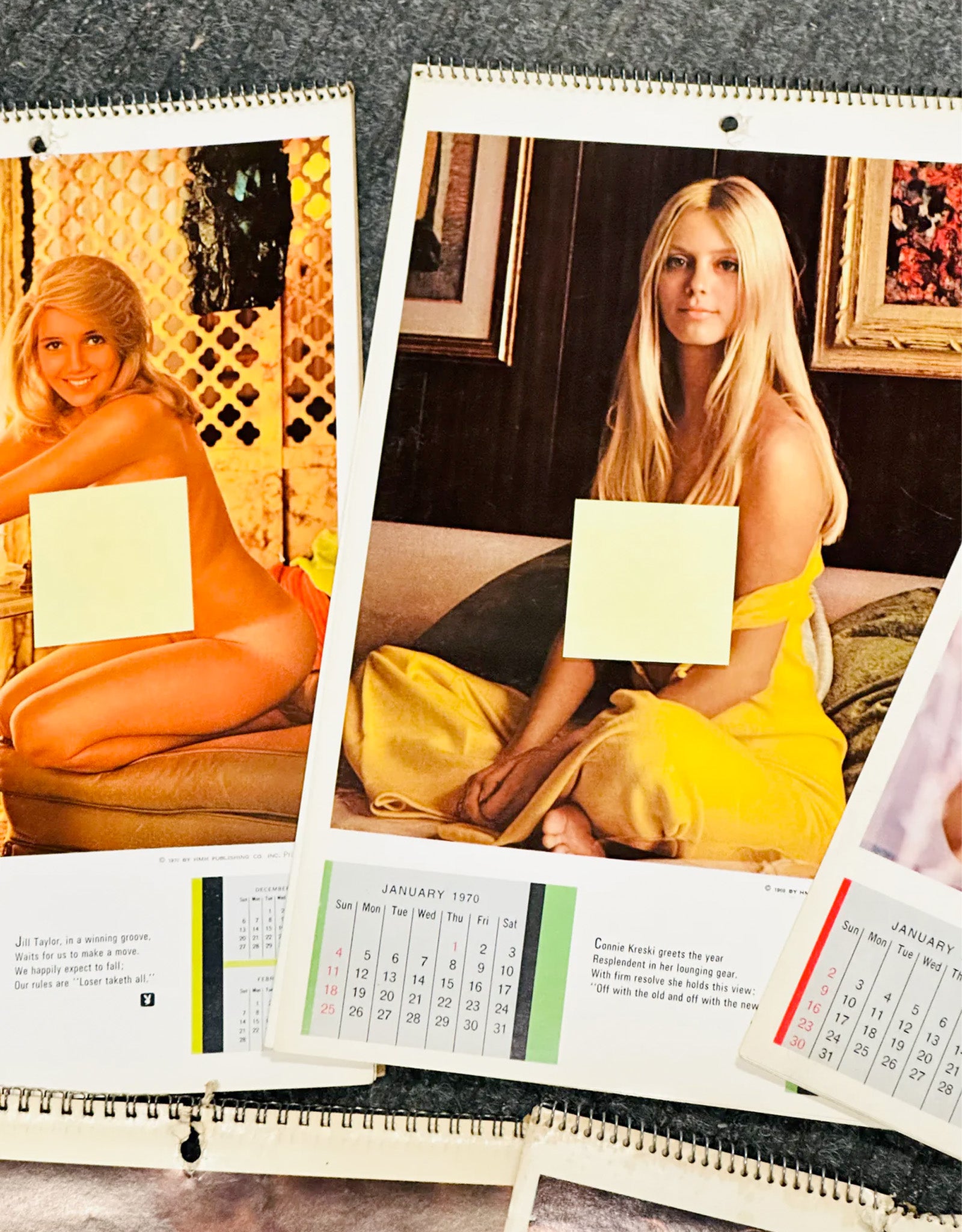 Calendar with a woman in a yellow dress holding a yellow card, with other calendar pages visible.
