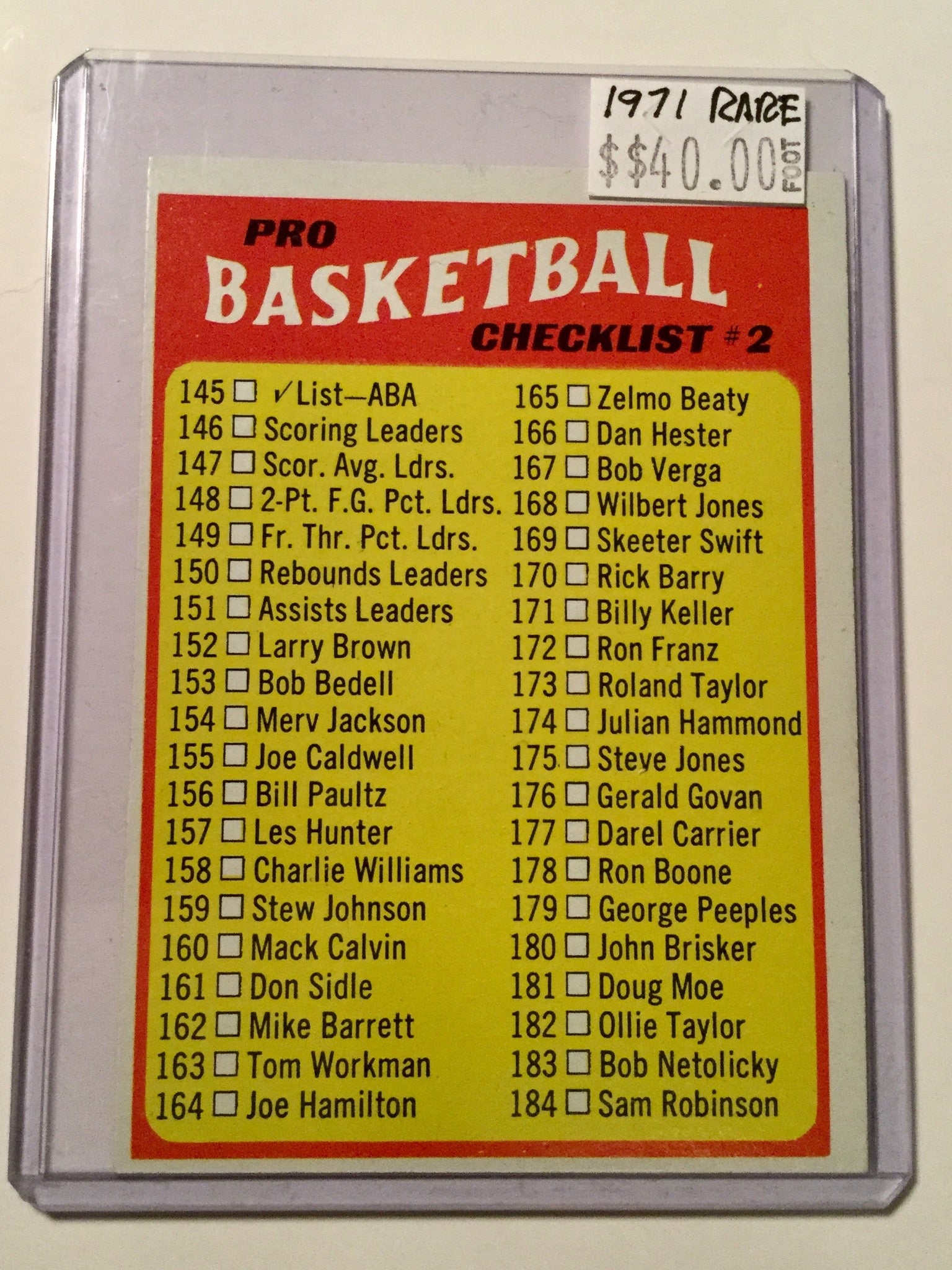 NBA basketball Rare unmarked checklist card 1971