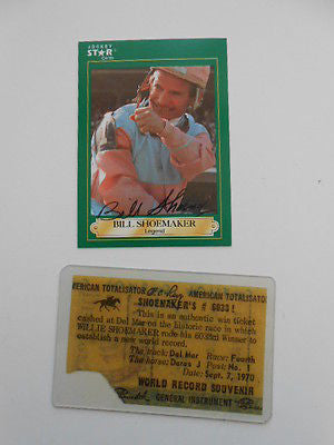 Horse racing Bill Shoemaker signed card & ticket w/ COA