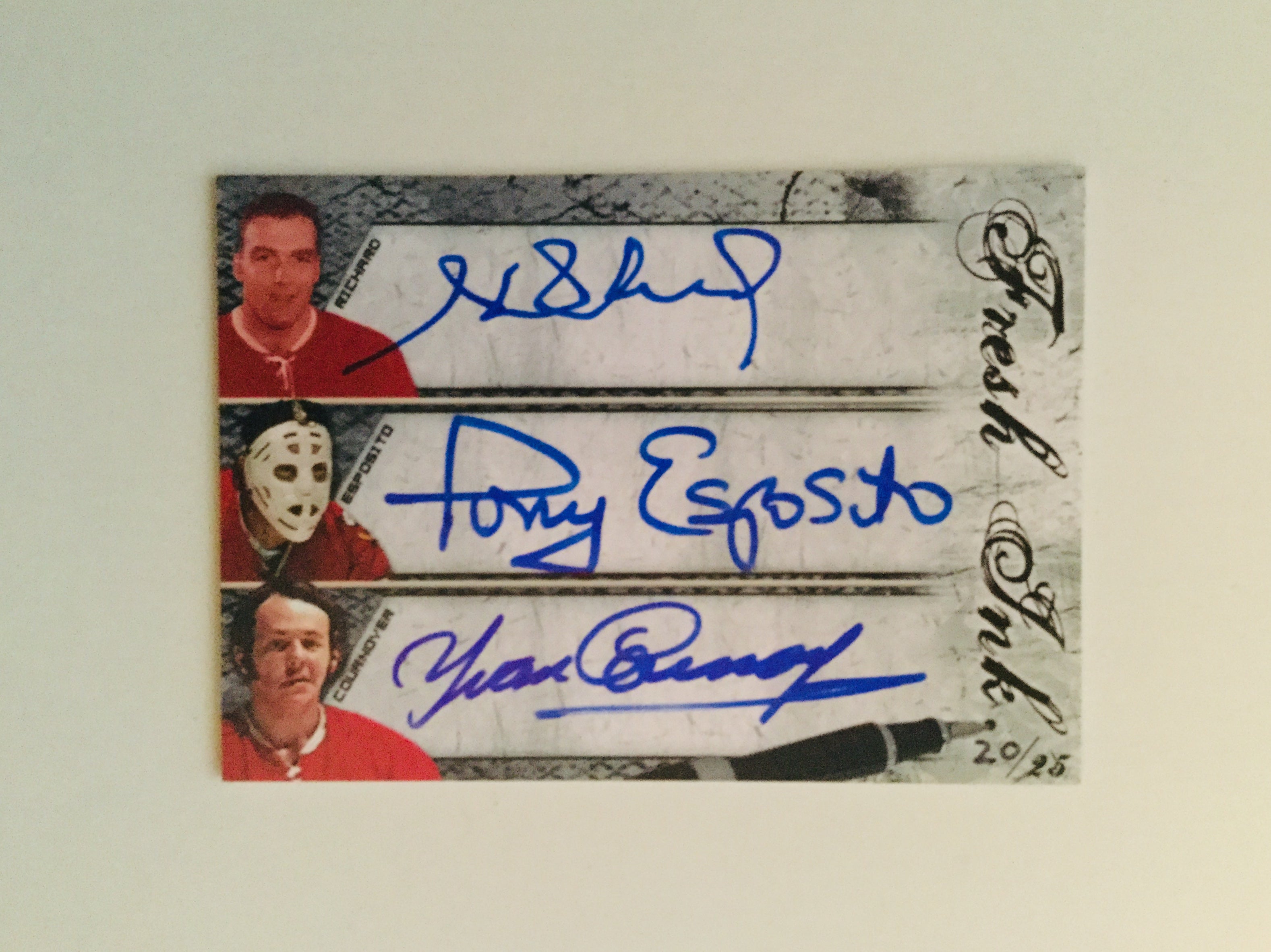 Henri Richard, Tony Esposito and Cournoyer rare triple autograph hockey numbered card