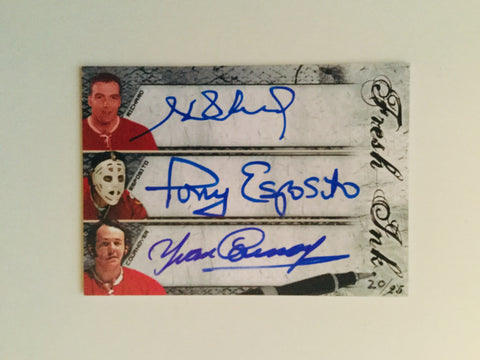 Henri Richard, Tony Esposito and Cournoyer rare triple autograph hockey numbered card