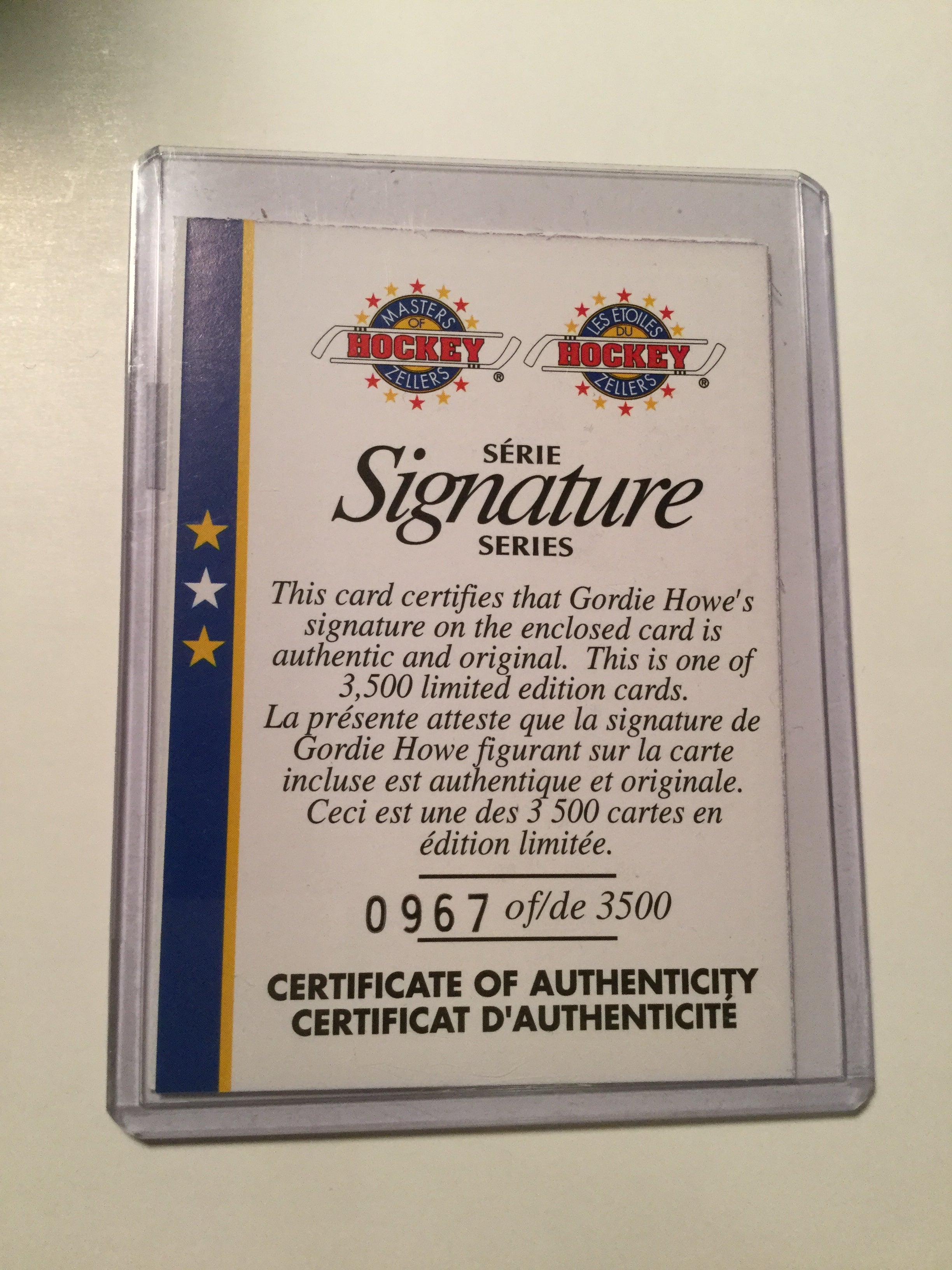 Gordie Howe Zellers signature series signed insert card
