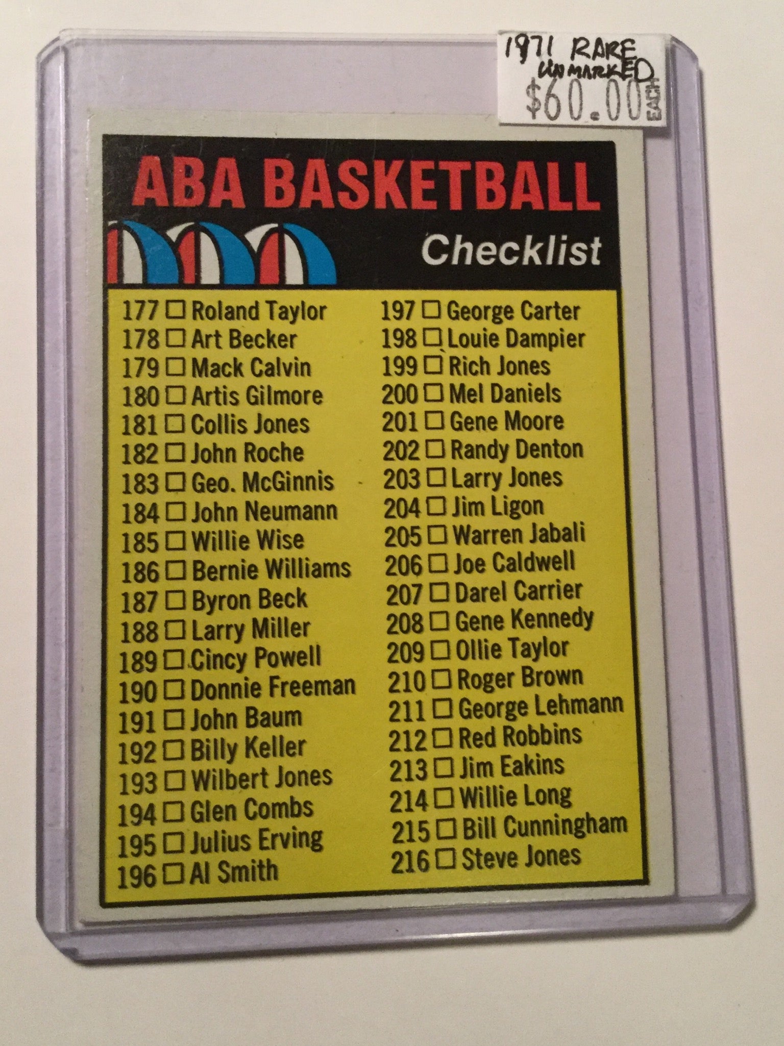 ABA basketball Rare unmarked checklist card 1971