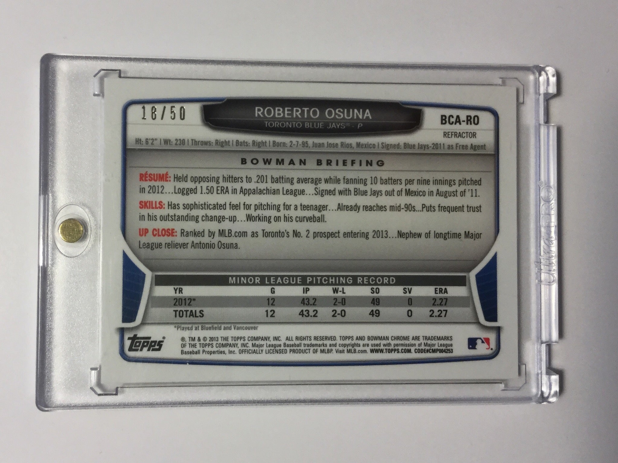 Blue Jays Roberto Osuna Bowman Chrome numbered rookie refractor autograph