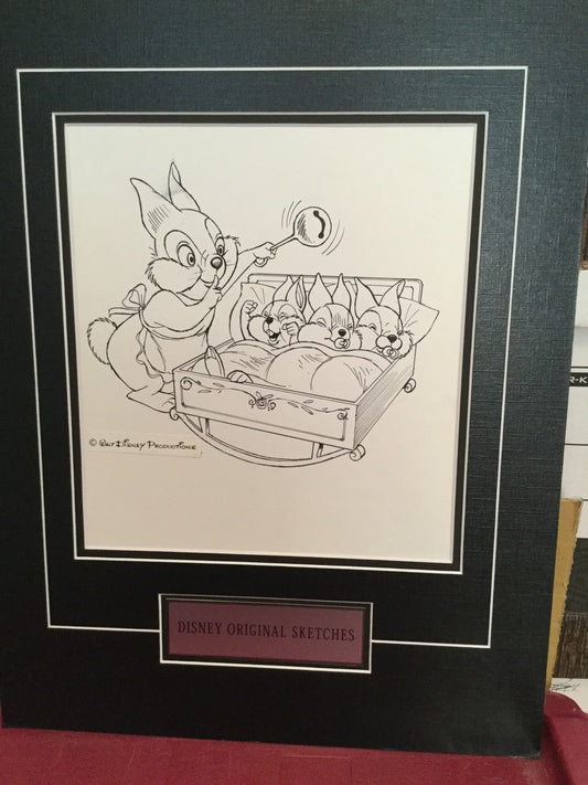 Disney Rabbits rare original sketch matted art 1980s