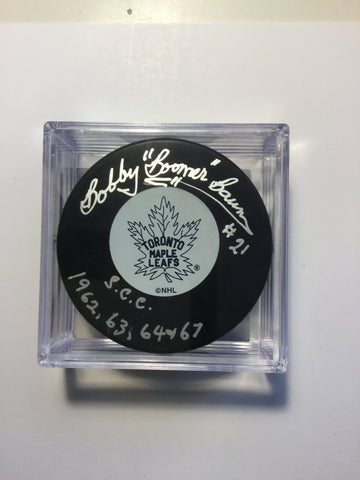 Bobby Baun signed inscription hockey puck w/COA