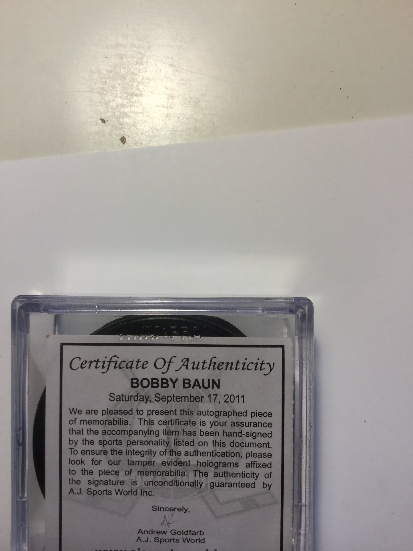 Bobby Baun signed inscription hockey puck w/COA