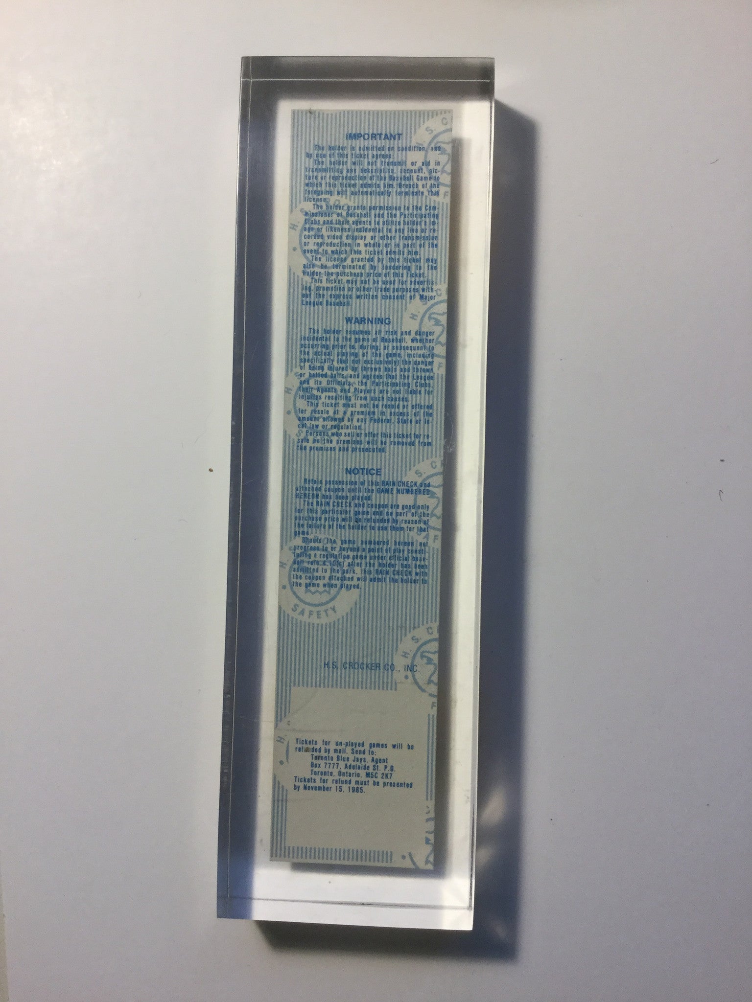 Blue Jays baseball game 7 ticket in lucite 1985