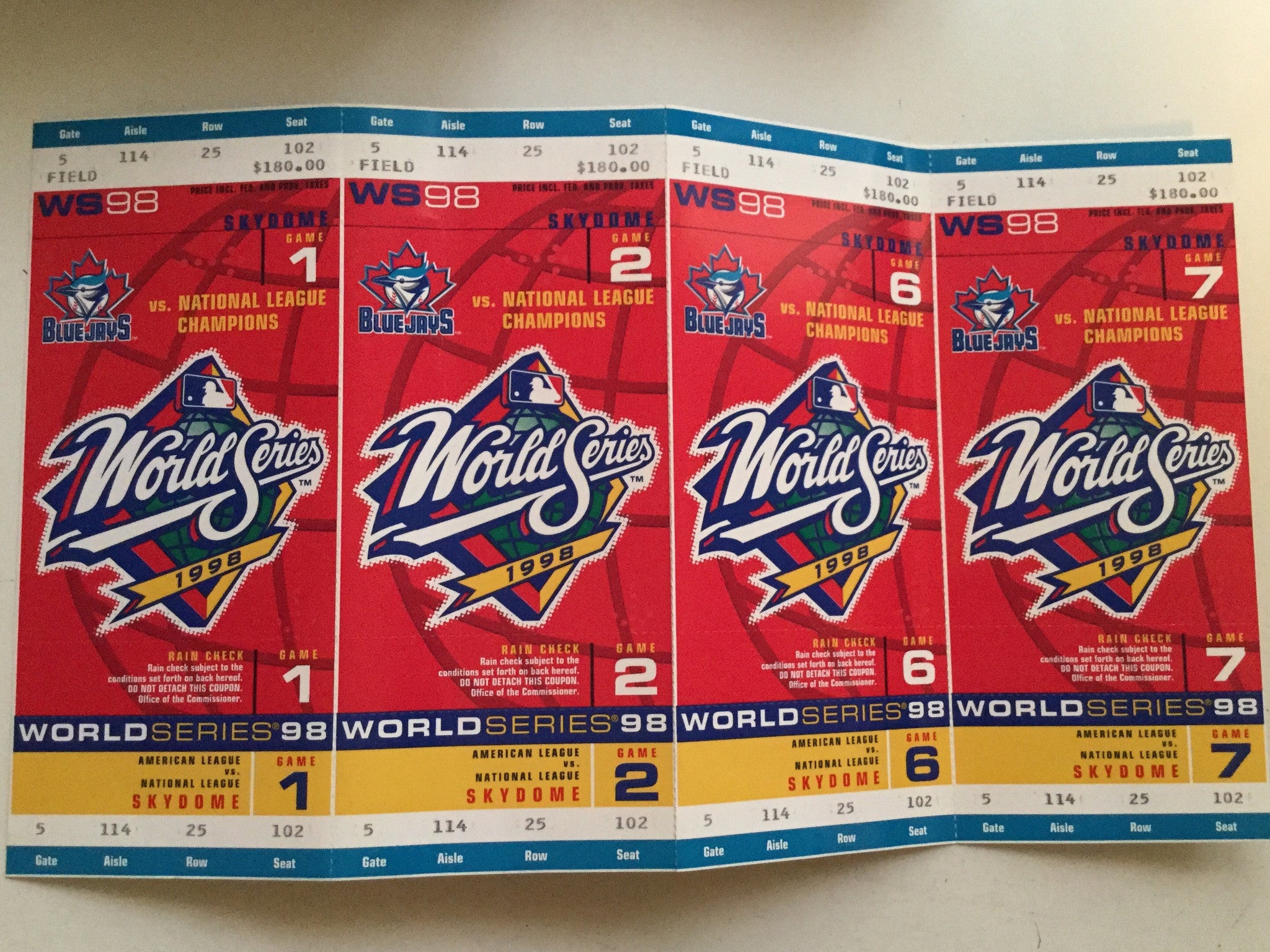 Blue Jays World Series 4 baseball tickets 1998