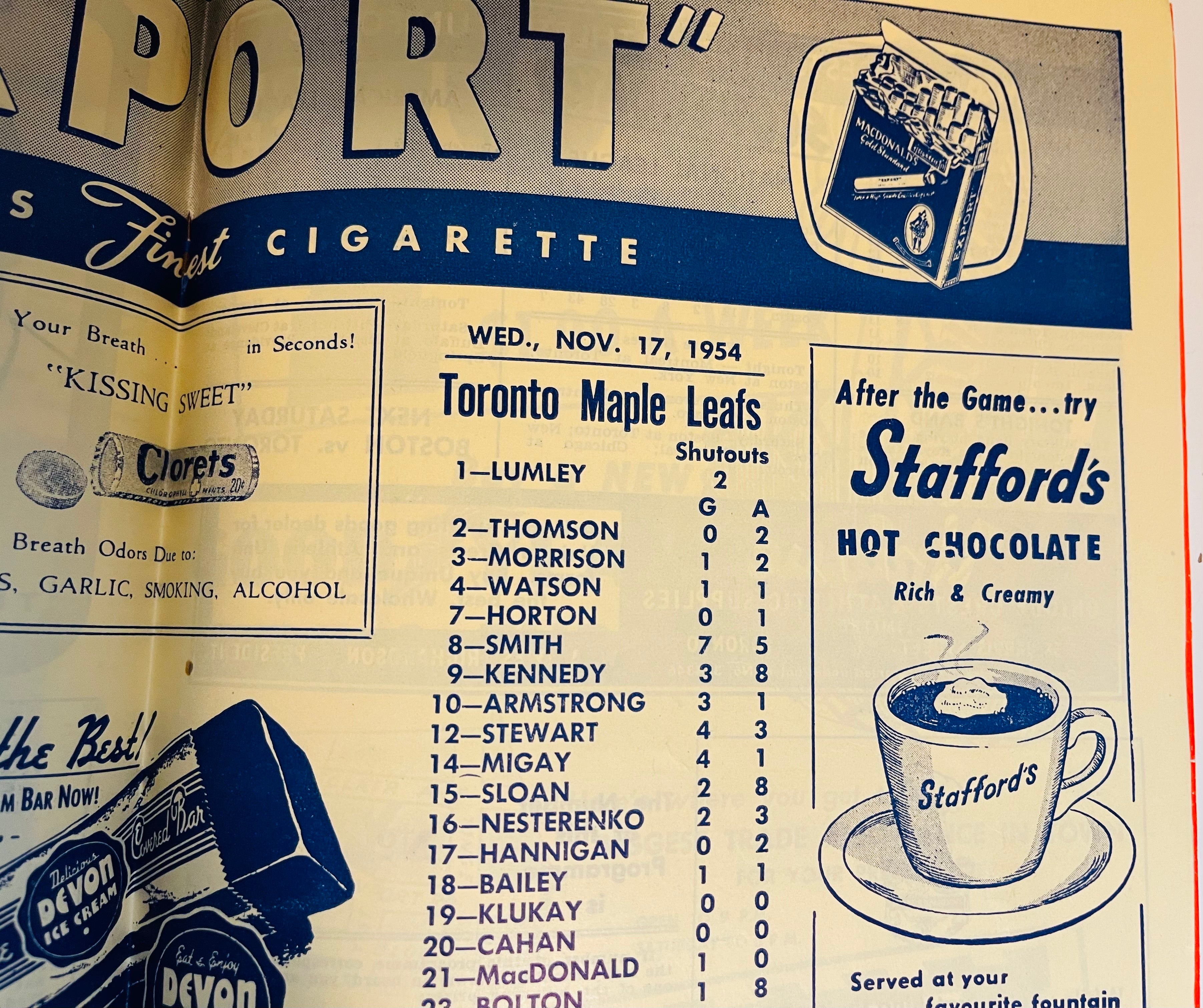 Maple Leaf Gardens hockey game original program,Nov.17,1954