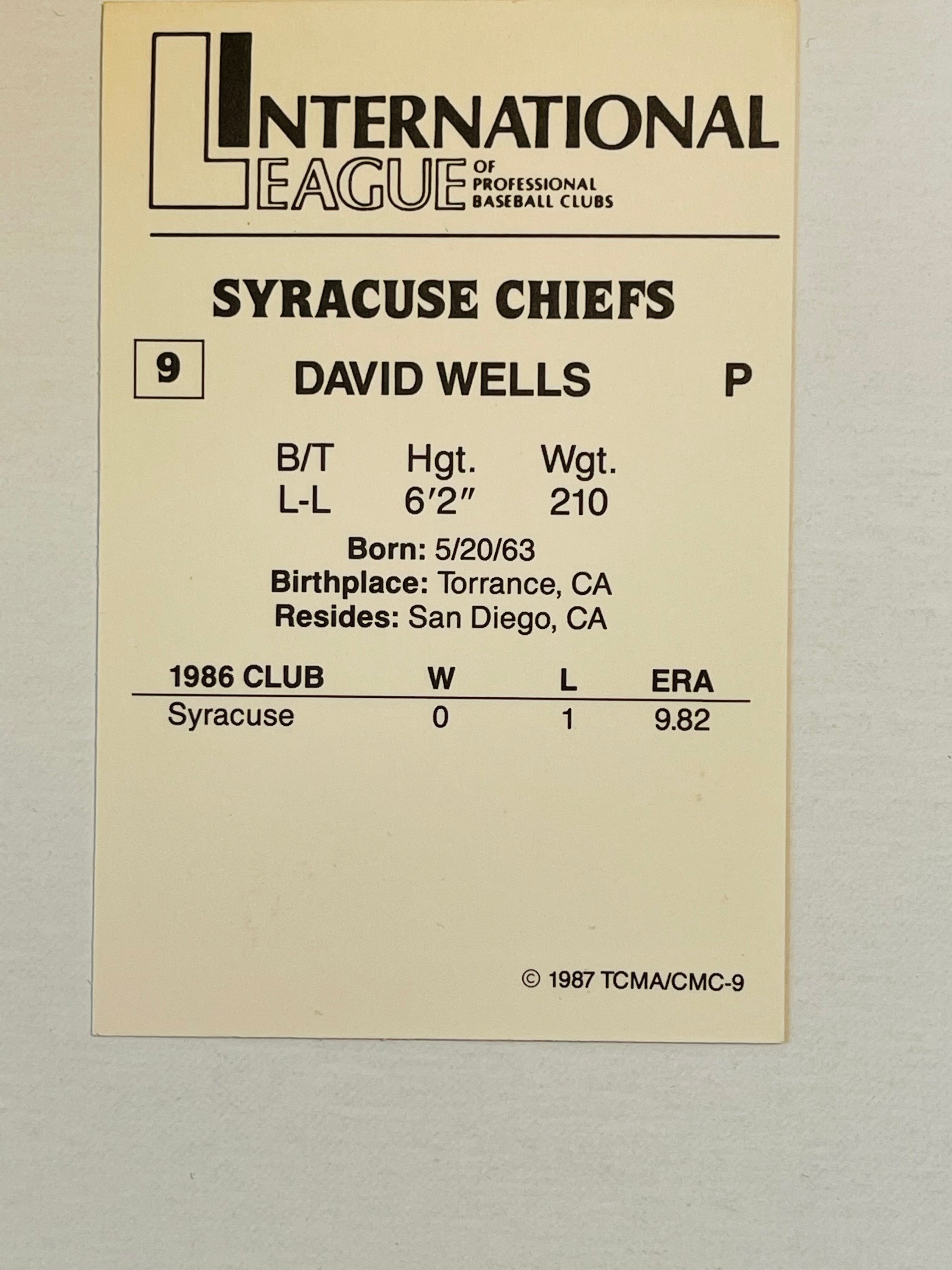 Toronto Blue Jays baseball David Wells autograph card with COA 1987