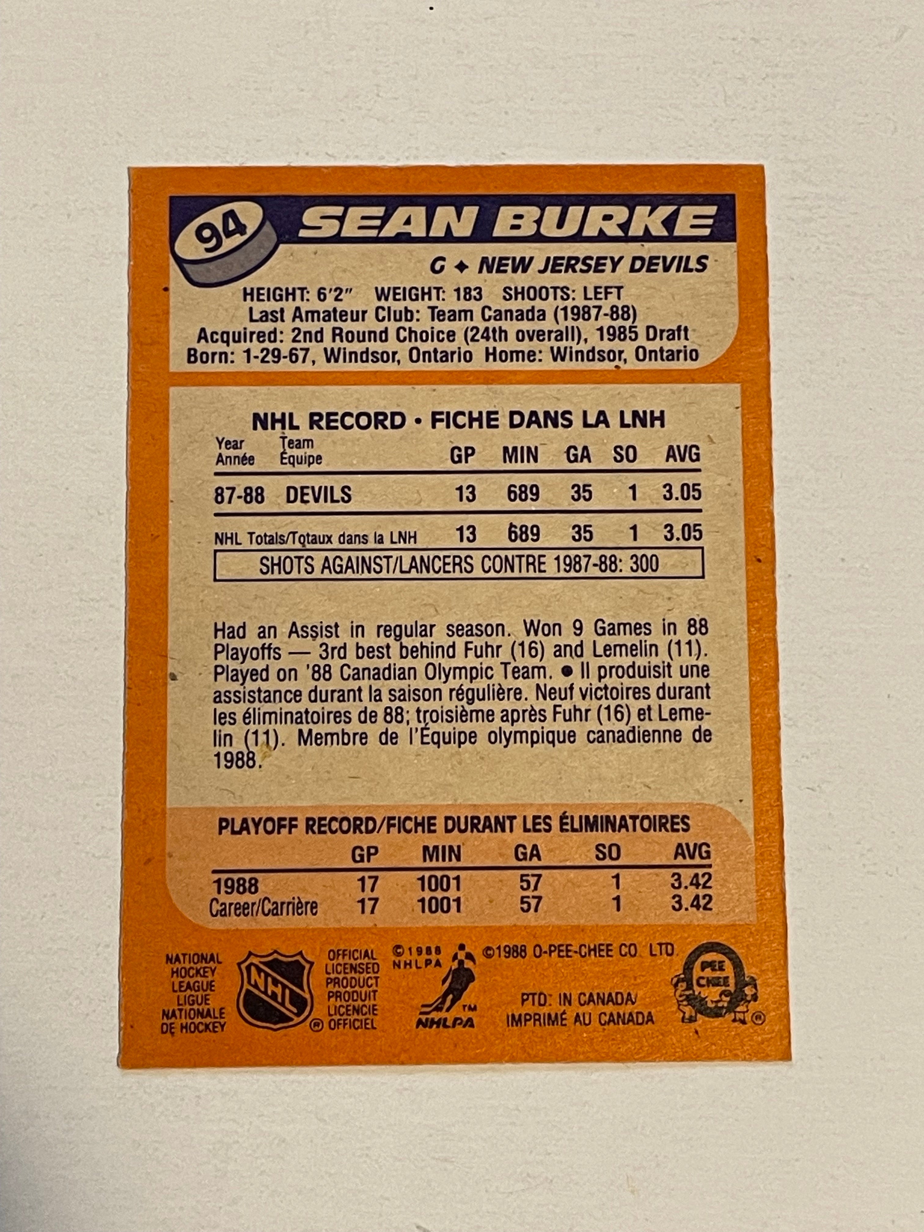 Sean Burke rookie autograph hockey card with COA